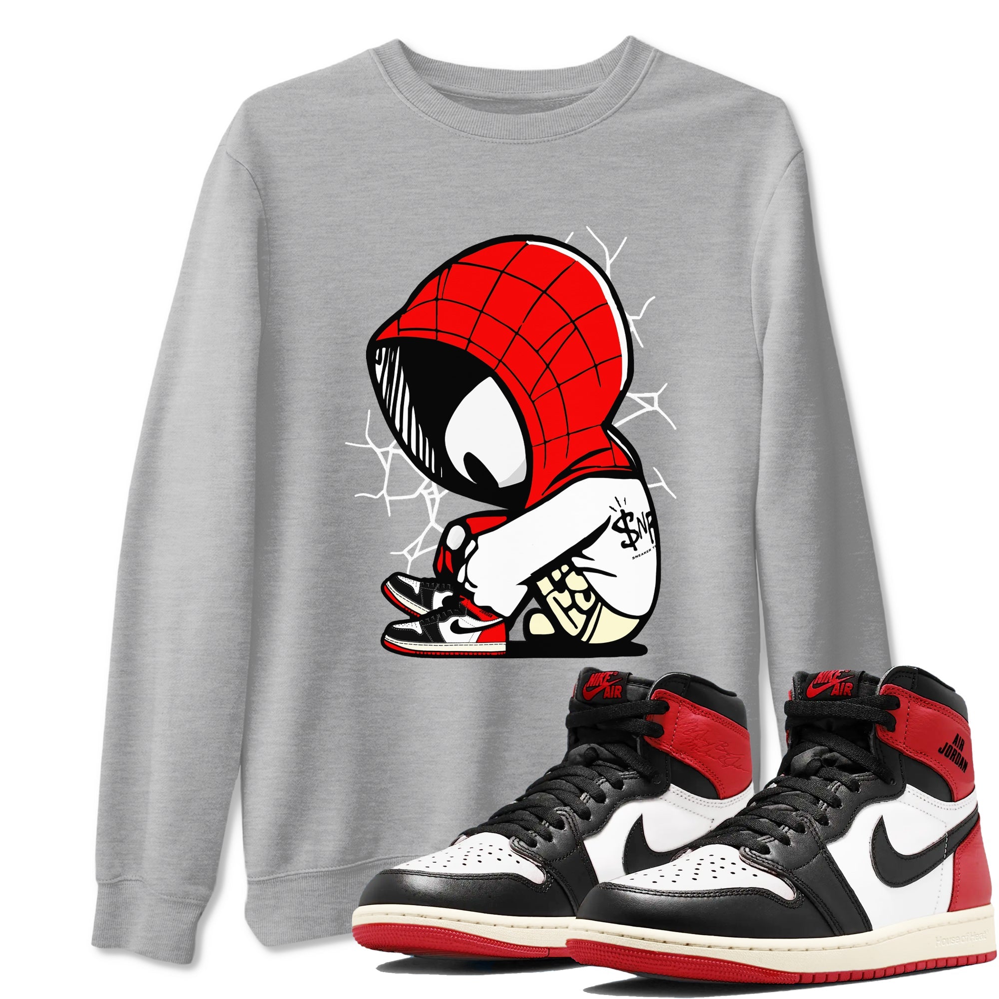 AJ 1 Black Toe Reimagined shirts to match jordans Baby Spider sneaker match tees AJ 1 Black Toe Reimagined Drip Gear Zone streetwear brand Heather Grey 1 unisex cotton tee