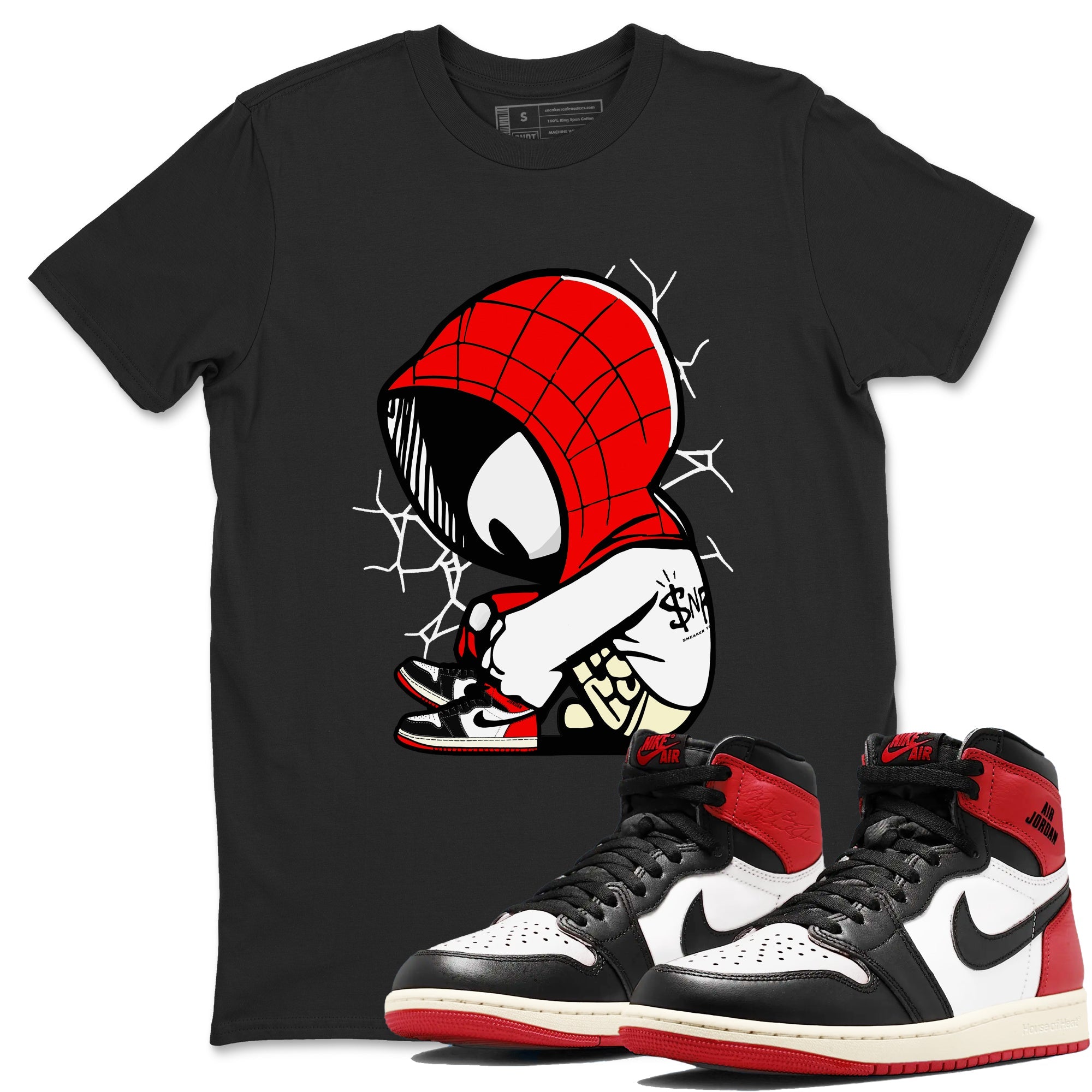 AJ 1 Black Toe Reimagined shirts to match jordans Baby Spider sneaker match tees AJ 1 Black Toe Reimagined Drip Gear Zone streetwear brand Black 1 unisex cotton tee