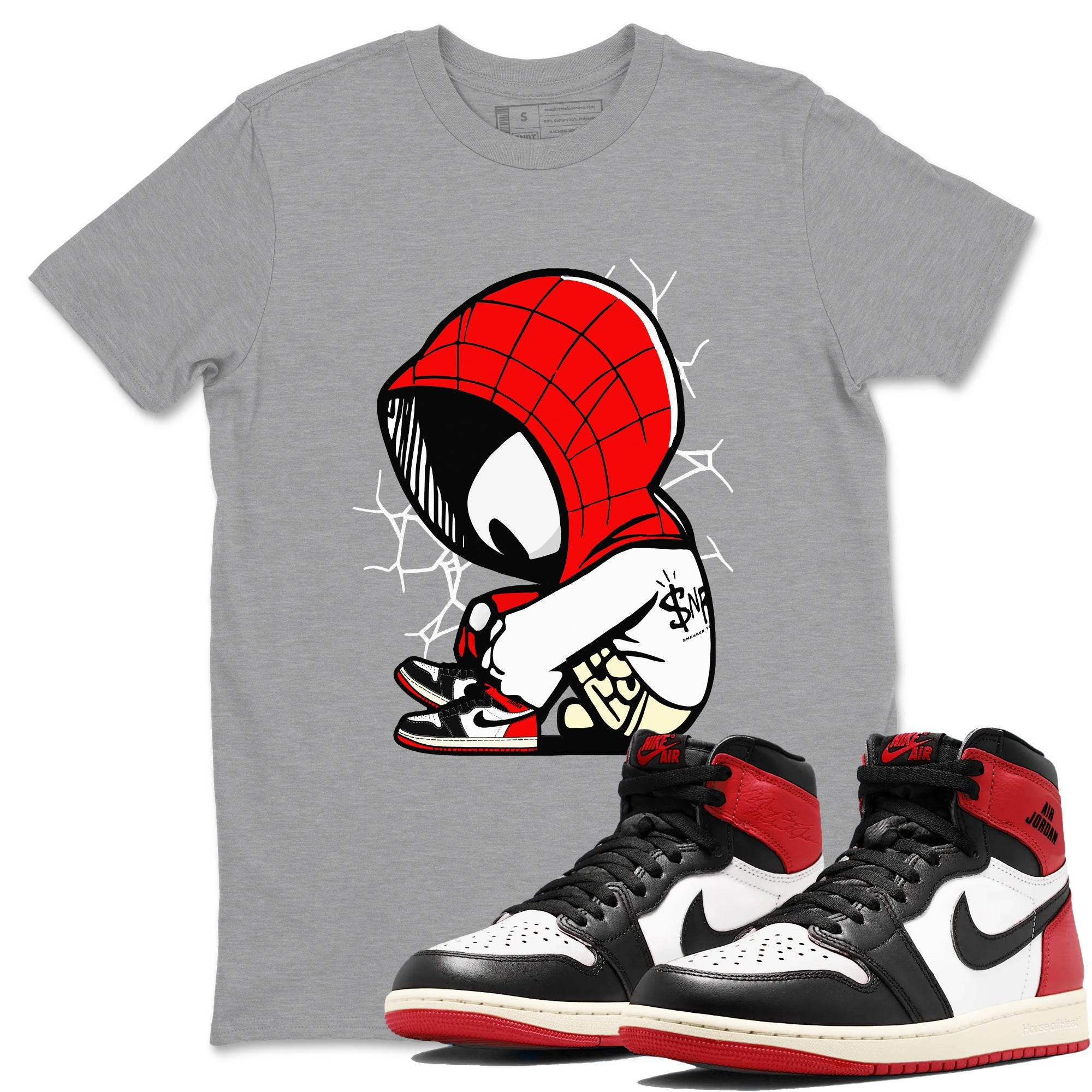 AJ 1 Black Toe Reimagined shirts to match jordans Baby Spider sneaker match tees AJ 1 Black Toe Reimagined Drip Gear Zone streetwear brand Heather Grey 1 unisex cotton tee