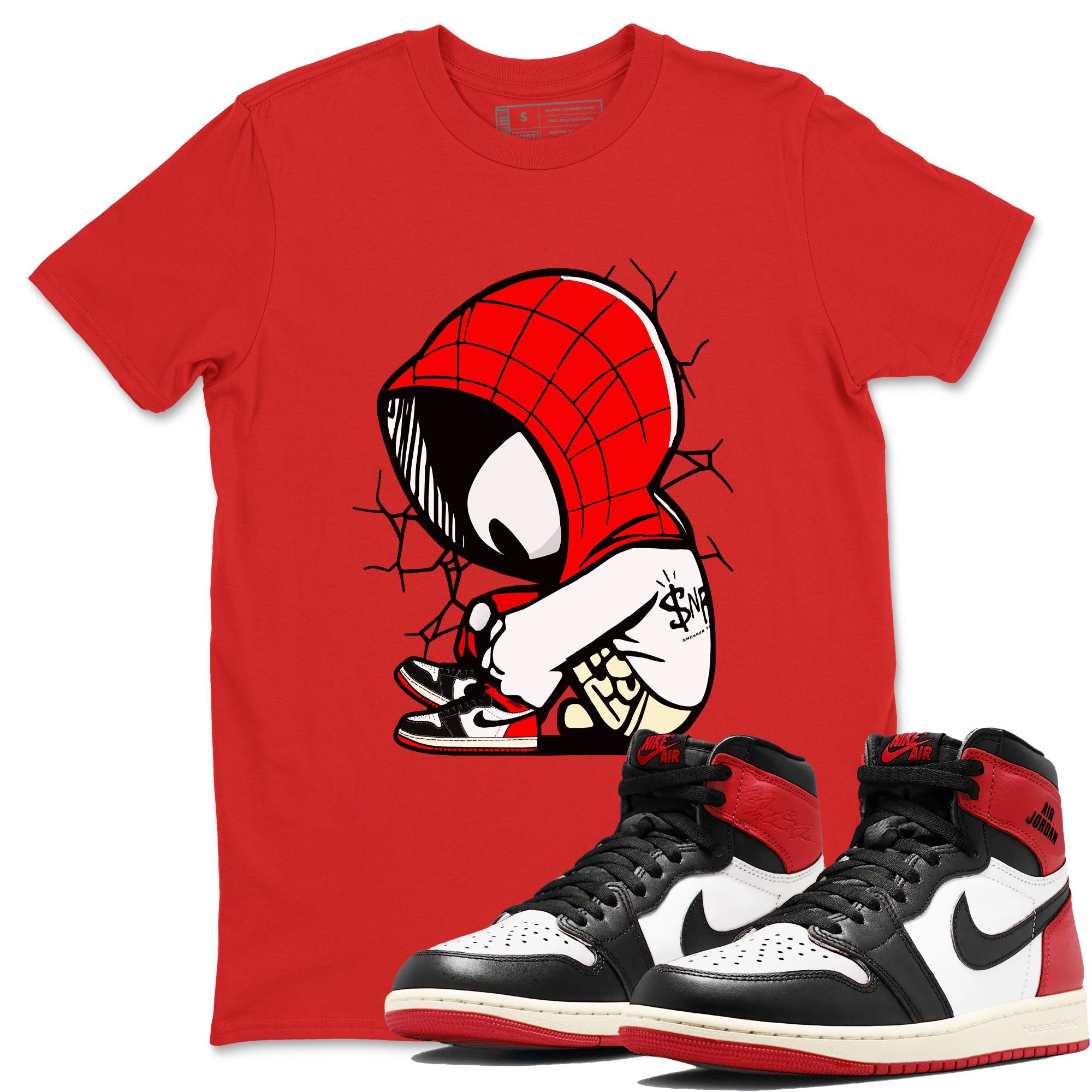 AJ 1 Black Toe Reimagined shirts to match jordans Baby Spider sneaker match tees AJ 1 Black Toe Reimagined Drip Gear Zone streetwear brand Red 1 unisex cotton tee