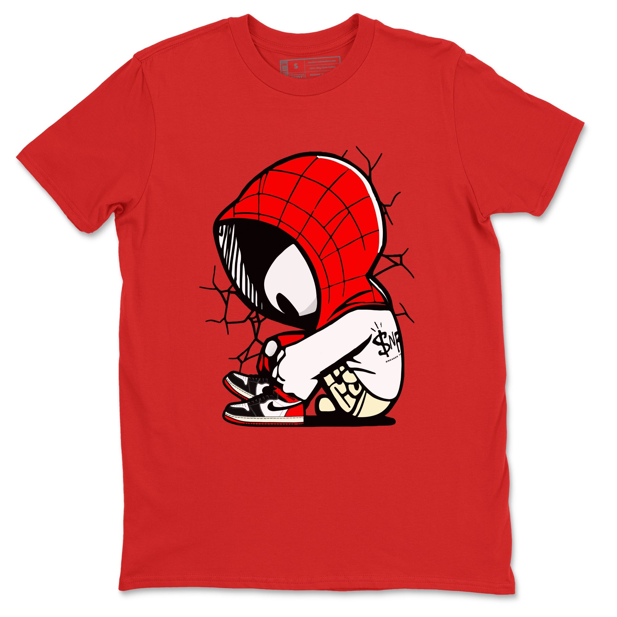 AJ 1 Black Toe Reimagined shirts to match jordans Baby Spider sneaker match tees AJ 1 Black Toe Reimagined Drip Gear Zone streetwear brand Red 2 unisex cotton tee