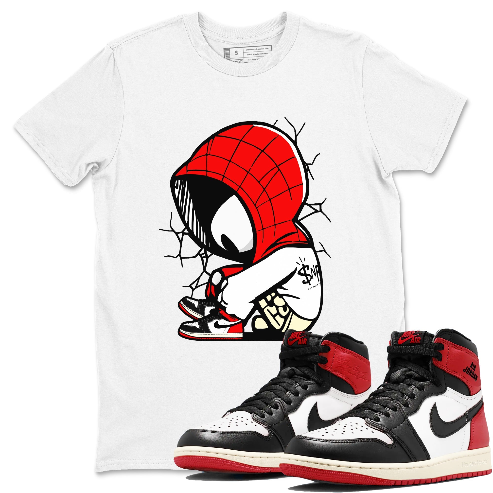 AJ 1 Black Toe Reimagined shirts to match jordans Baby Spider sneaker match tees AJ 1 Black Toe Reimagined Drip Gear Zone streetwear brand White 1 unisex cotton tee