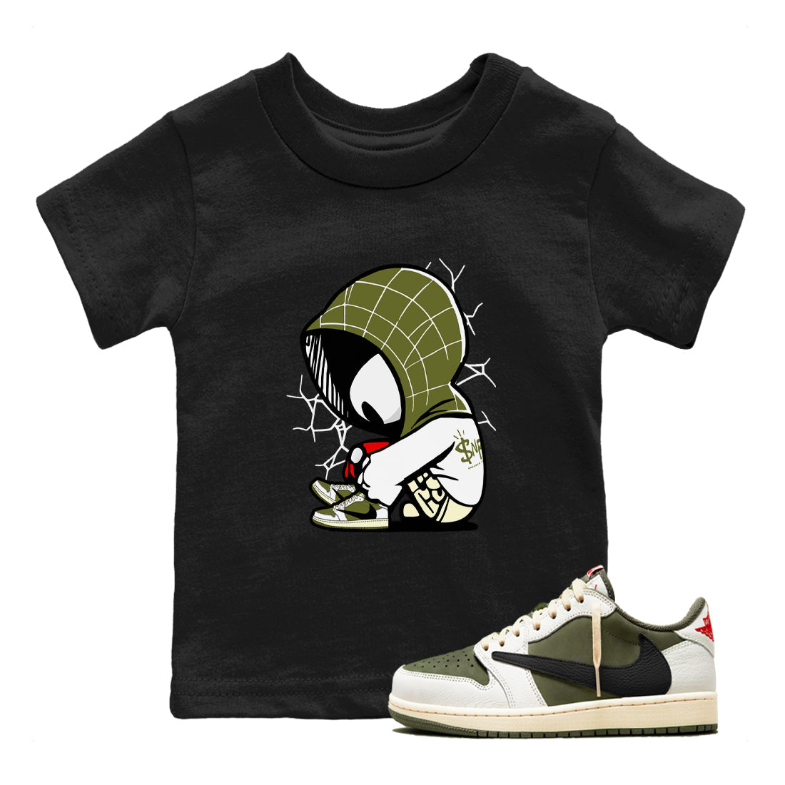 1s Travis Scott Medium Olive shirts to match jordans Baby Spider sneaker match tees Air Jordan 1 Travis Scott Medium Olive Drip Gear Zone streetwear brand Baby and Youth Black 1 cotton tee