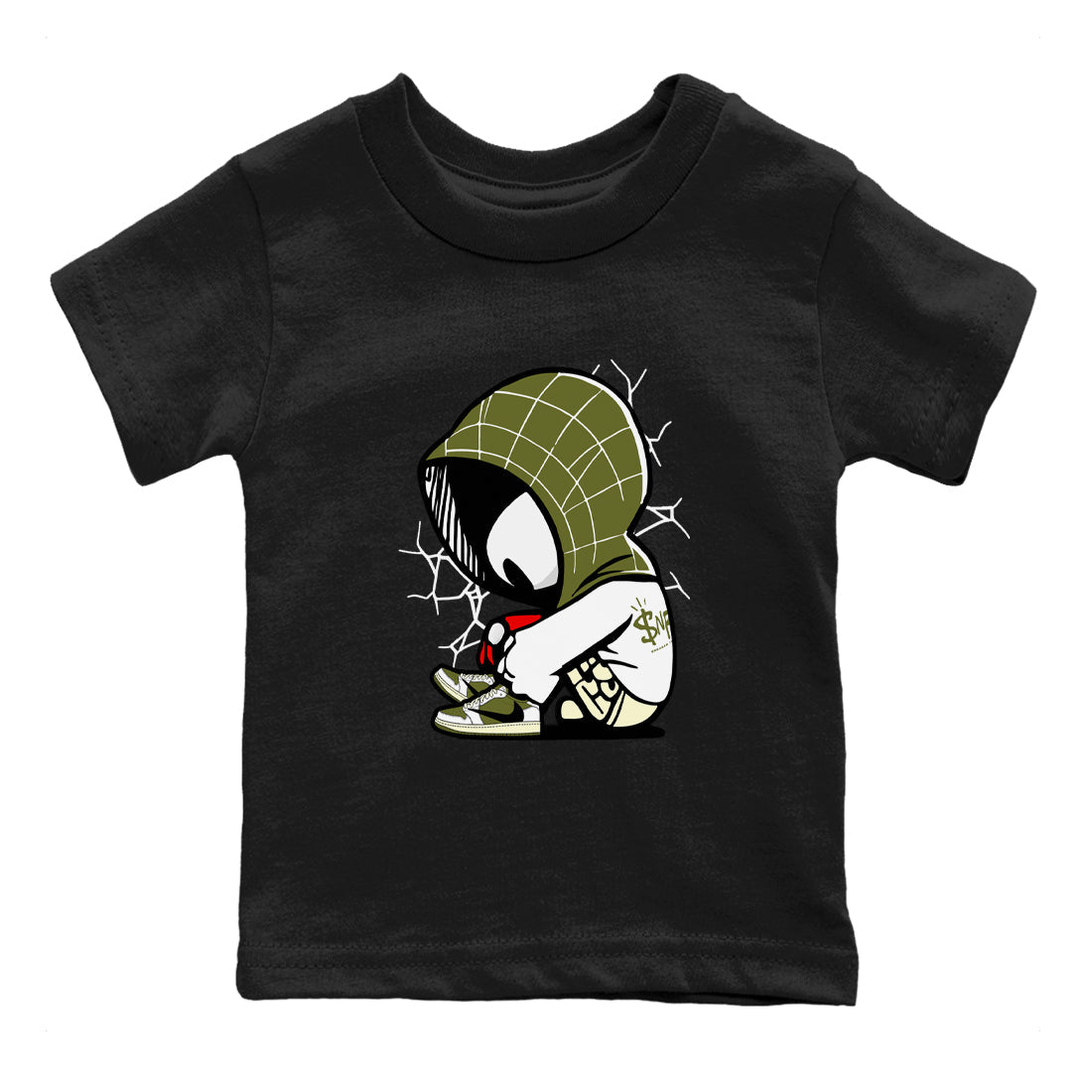 1s Travis Scott Medium Olive shirts to match jordans Baby Spider sneaker match tees Air Jordan 1 Travis Scott Medium Olive Drip Gear Zone streetwear brand Baby and Youth Black 2 cotton tee