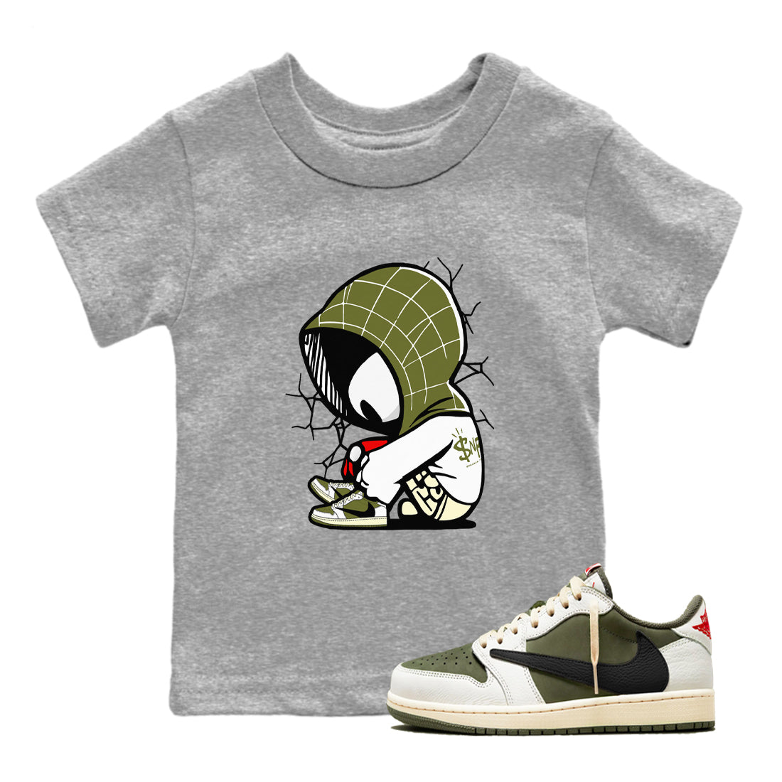 1s Travis Scott Medium Olive shirts to match jordans Baby Spider sneaker match tees Air Jordan 1 Travis Scott Medium Olive Drip Gear Zone streetwear brand Baby and Youth Heather Grey 1 cotton tee