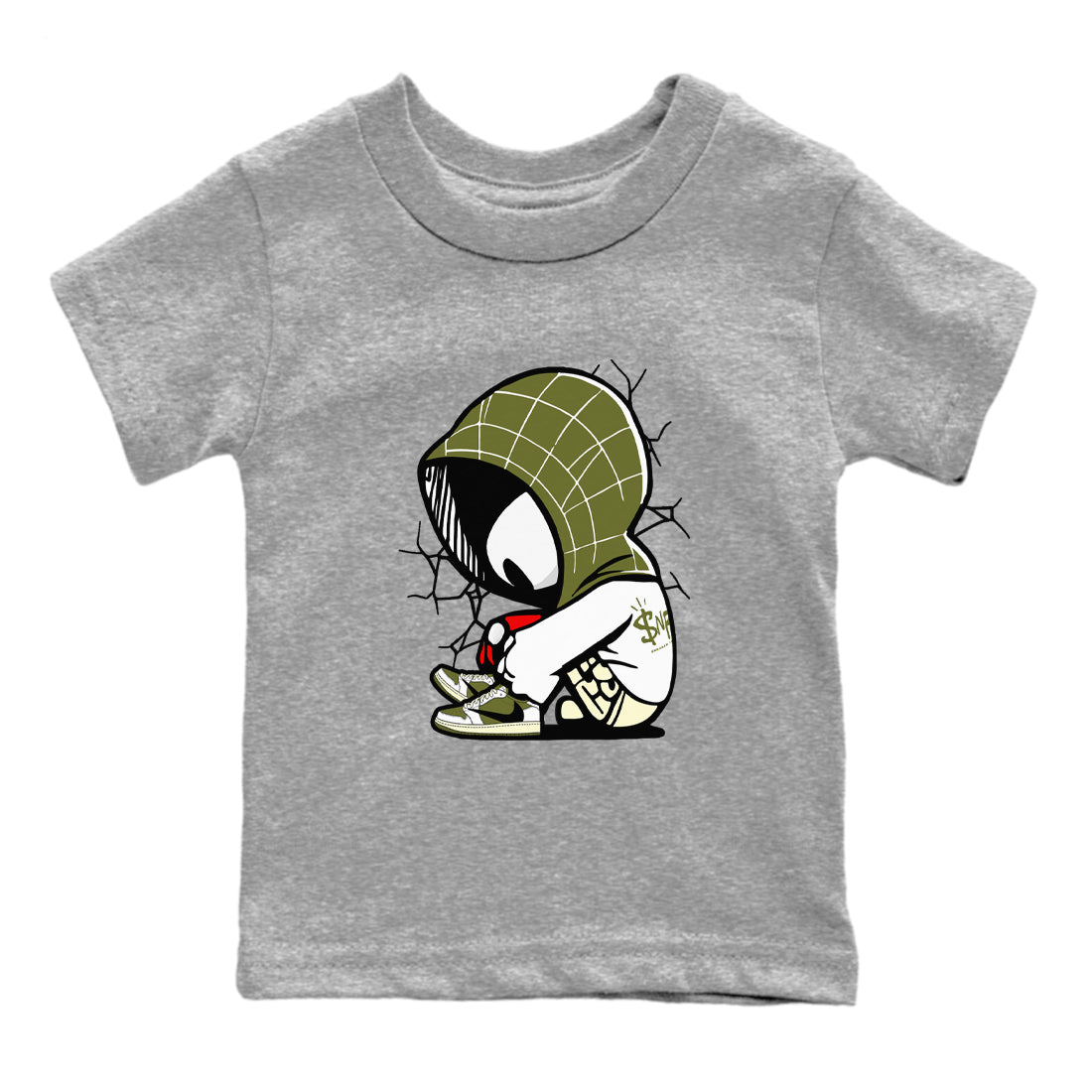 1s Travis Scott Medium Olive shirts to match jordans Baby Spider sneaker match tees Air Jordan 1 Travis Scott Medium Olive Drip Gear Zone streetwear brand Baby and Youth Heather Grey 2 cotton tee