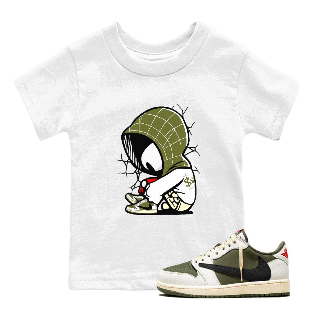 1s Travis Scott Medium Olive shirts to match jordans Baby Spider sneaker match tees Air Jordan 1 Travis Scott Medium Olive Drip Gear Zone streetwear brand Baby and Youth White 1 cotton tee