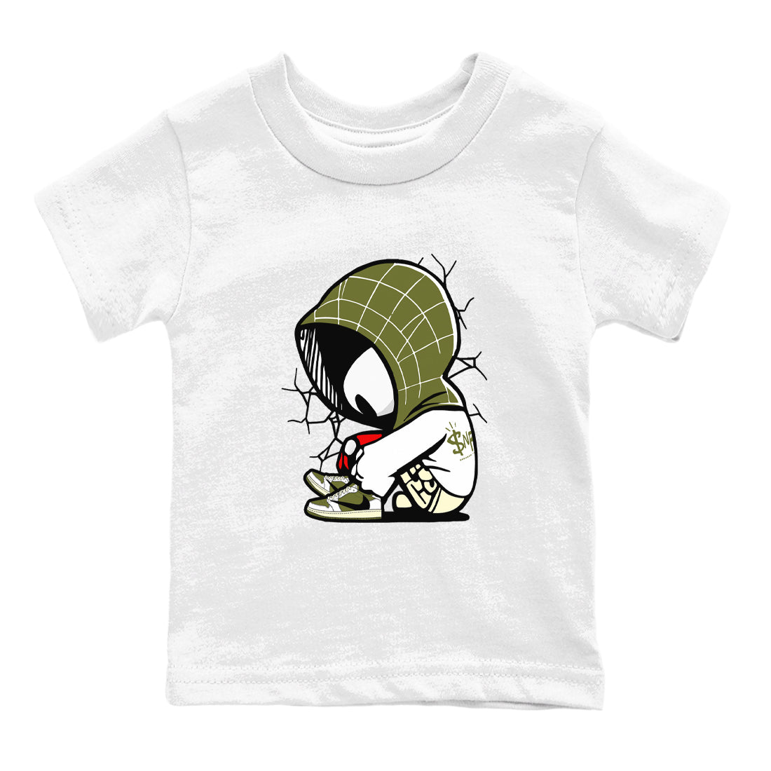 1s Travis Scott Medium Olive shirts to match jordans Baby Spider sneaker match tees Air Jordan 1 Travis Scott Medium Olive Drip Gear Zone streetwear brand Baby and Youth White 2 cotton tee