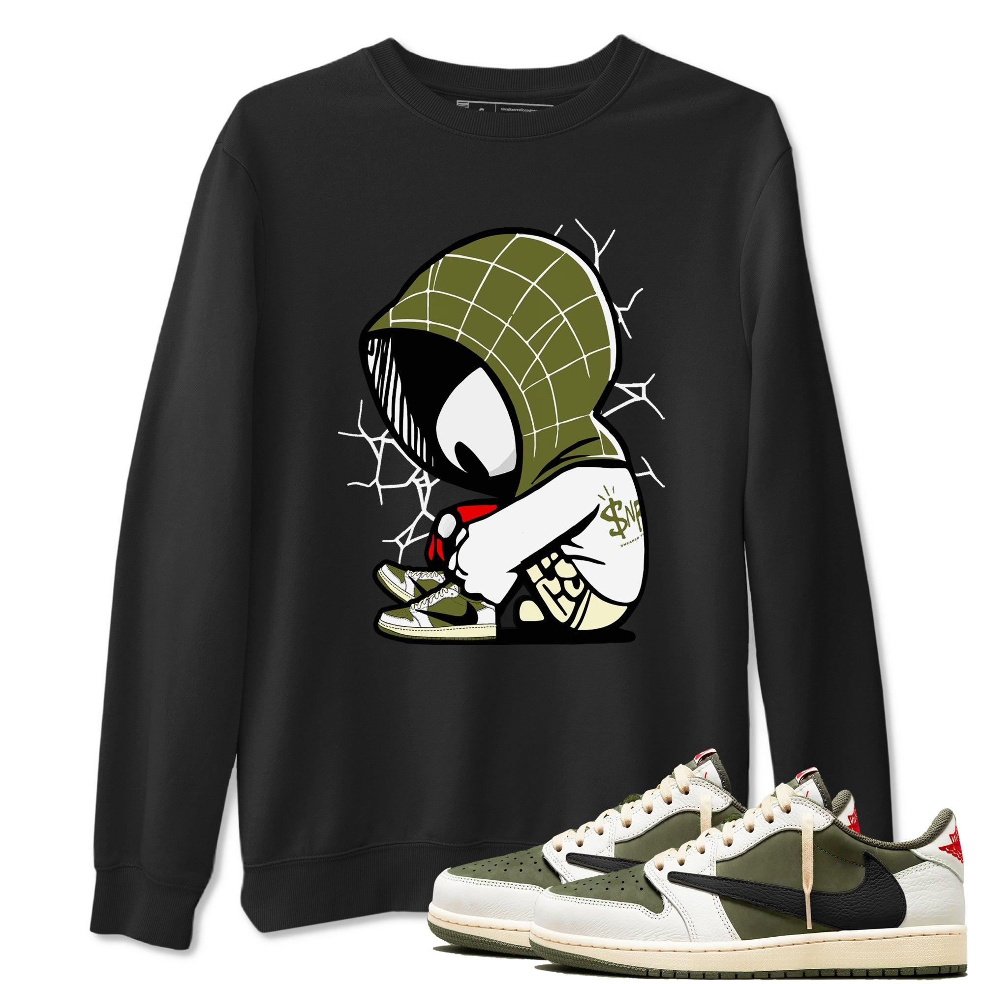1s Travis Scott Medium Olive shirts to match jordans Baby Spider sneaker match tees Air Jordan 1 Travis Scott Medium Olive Drip Gear Zone streetwear brand Black 1 unisex cotton tee