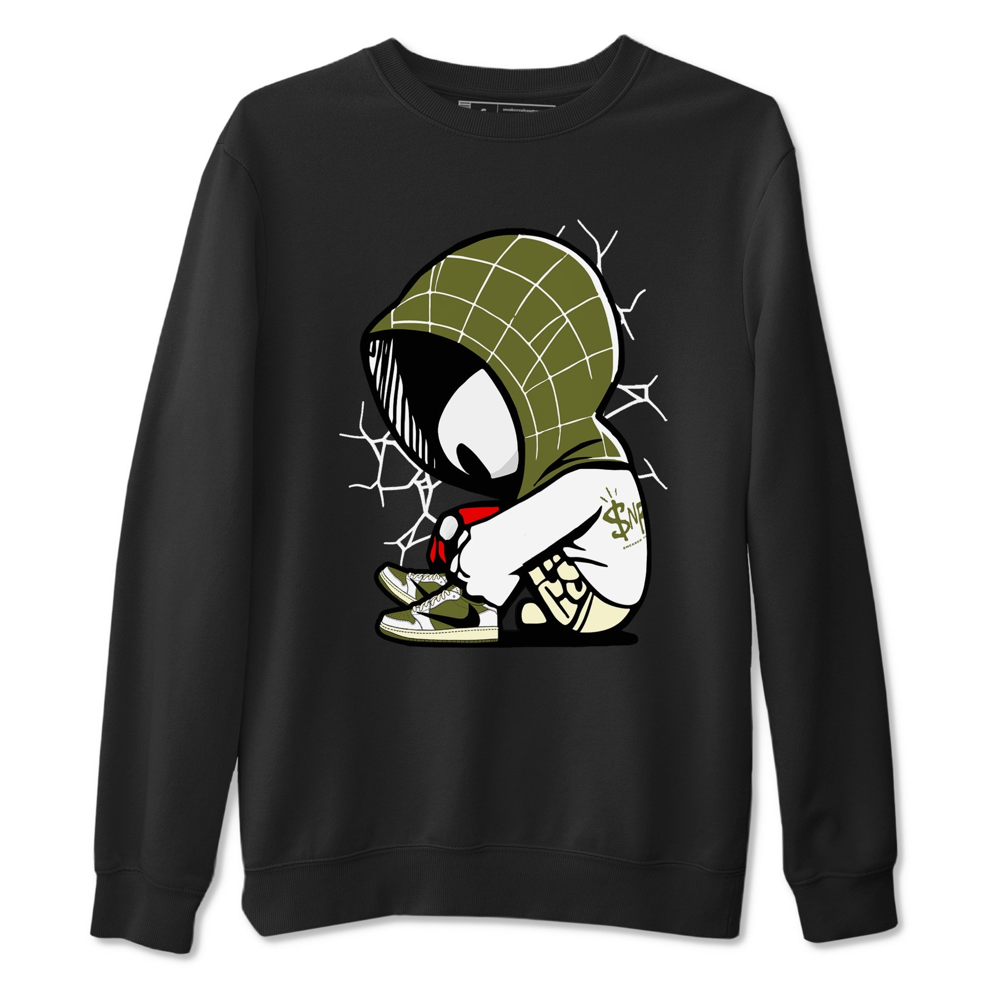 1s Travis Scott Medium Olive shirts to match jordans Baby Spider sneaker match tees Air Jordan 1 Travis Scott Medium Olive Drip Gear Zone streetwear brand Black 2 unisex cotton tee