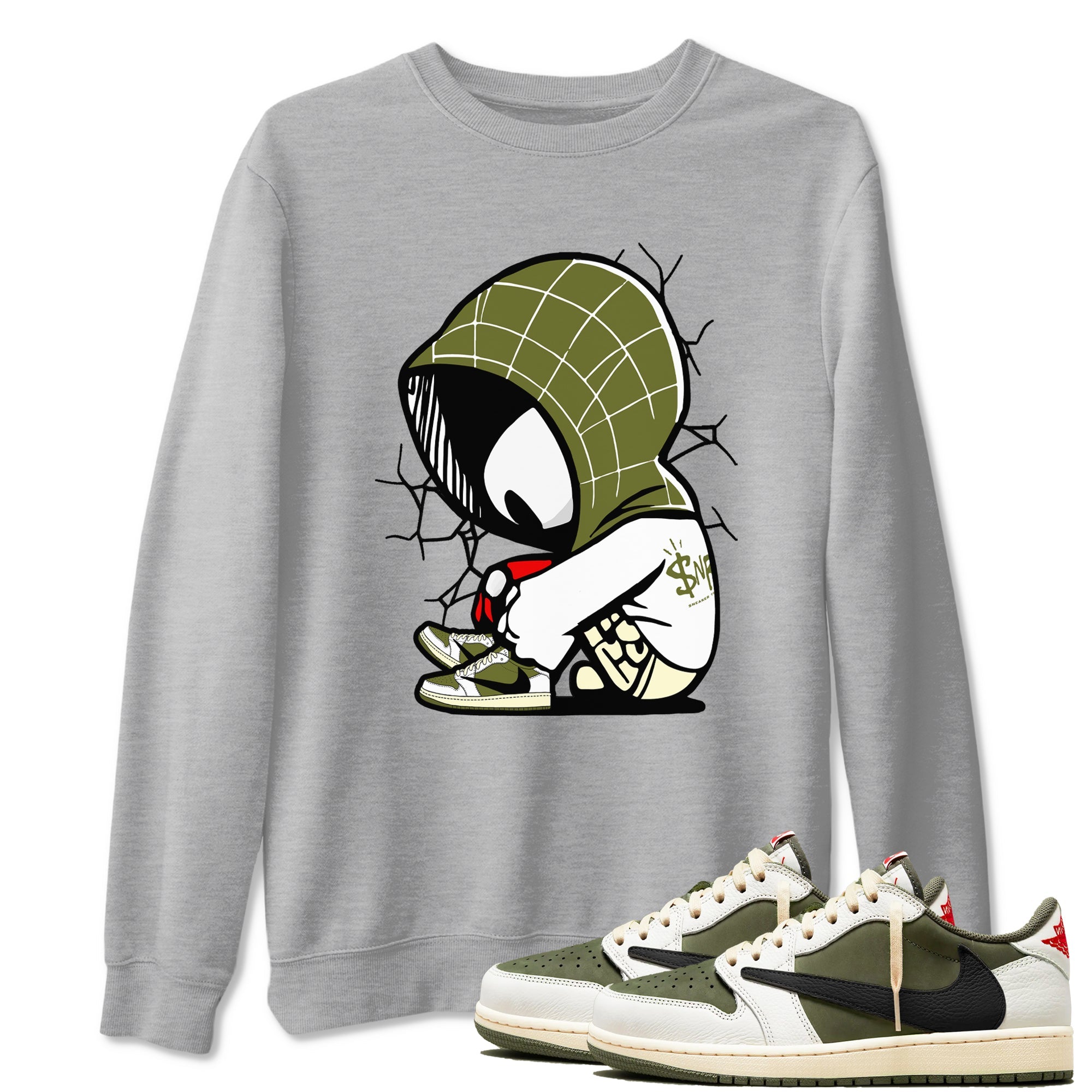 1s Travis Scott Medium Olive shirts to match jordans Baby Spider sneaker match tees Air Jordan 1 Travis Scott Medium Olive Drip Gear Zone streetwear brand Heather Grey 1 unisex cotton tee
