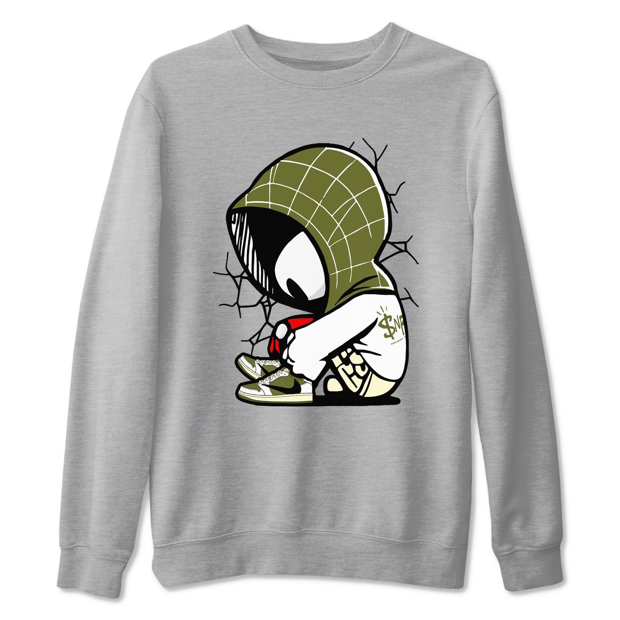 1s Travis Scott Medium Olive shirts to match jordans Baby Spider sneaker match tees Air Jordan 1 Travis Scott Medium Olive Drip Gear Zone streetwear brand Heather Grey 2 unisex cotton tee