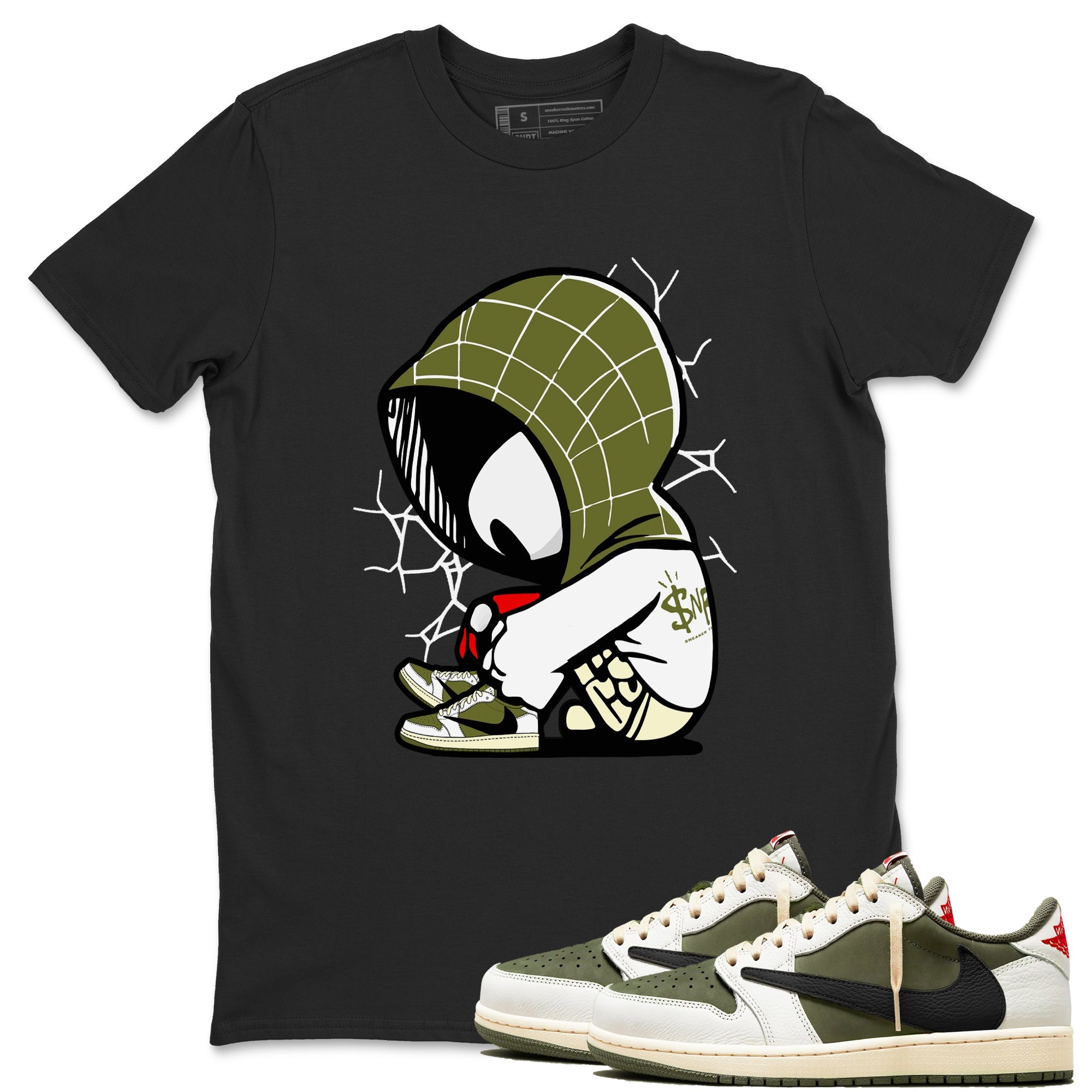 1s Travis Scott Medium Olive shirts to match jordans Baby Spider sneaker match tees Air Jordan 1 Travis Scott Medium Olive Drip Gear Zone streetwear brand Black 1 unisex cotton tee