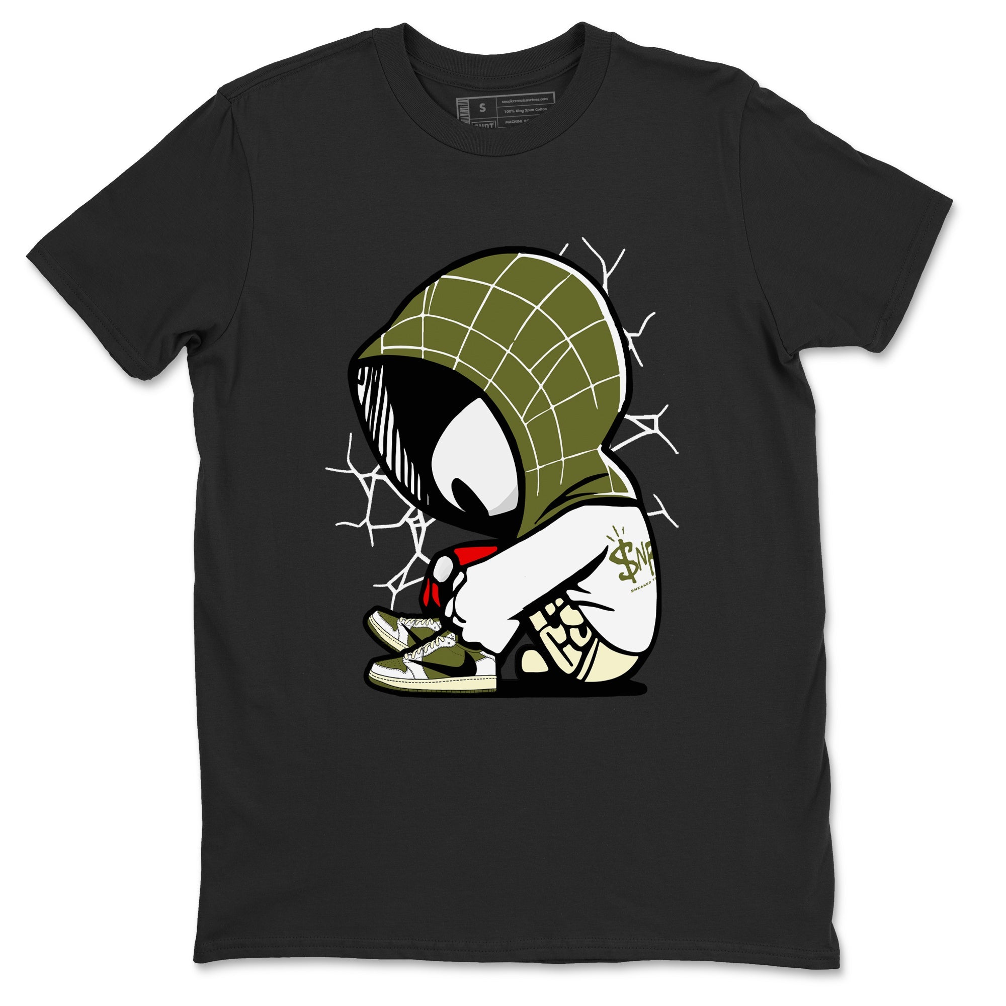 1s Travis Scott Medium Olive shirts to match jordans Baby Spider sneaker match tees Air Jordan 1 Travis Scott Medium Olive Drip Gear Zone streetwear brand Black 2 unisex cotton tee