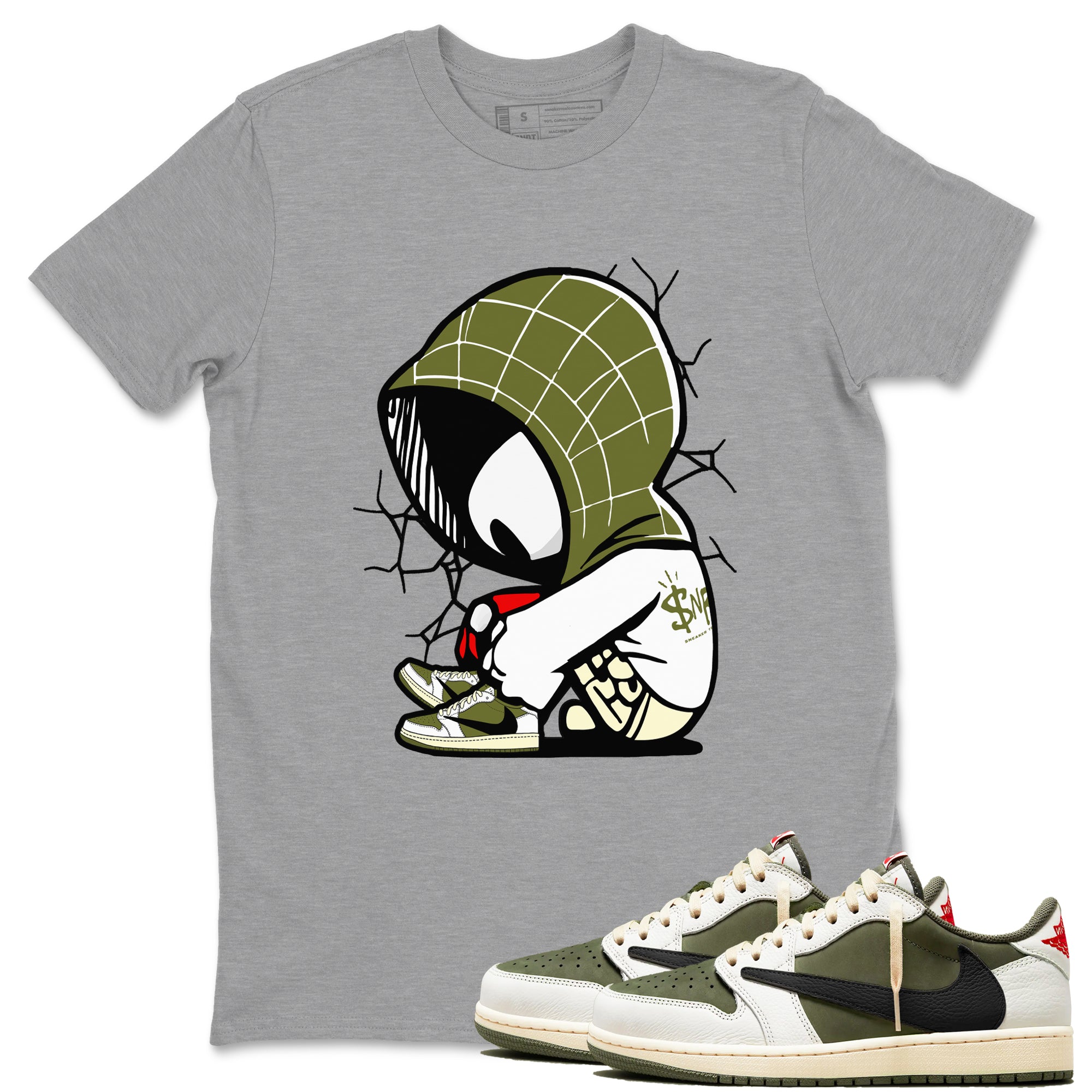 1s Travis Scott Medium Olive shirts to match jordans Baby Spider sneaker match tees Air Jordan 1 Travis Scott Medium Olive Drip Gear Zone streetwear brand Heather Grey 1 unisex cotton tee