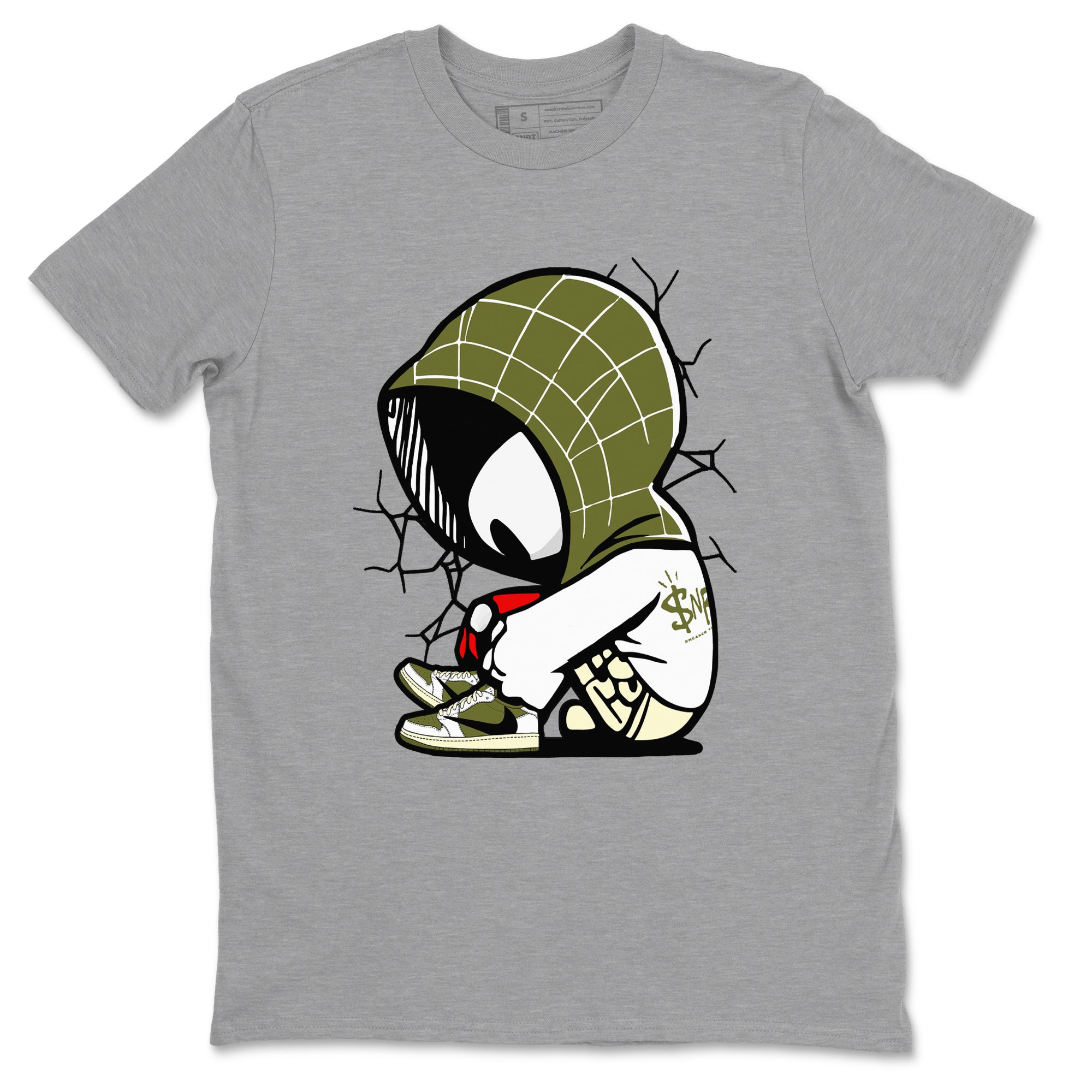 1s Travis Scott Medium Olive shirts to match jordans Baby Spider sneaker match tees Air Jordan 1 Travis Scott Medium Olive Drip Gear Zone streetwear brand Heather Grey 2 unisex cotton tee