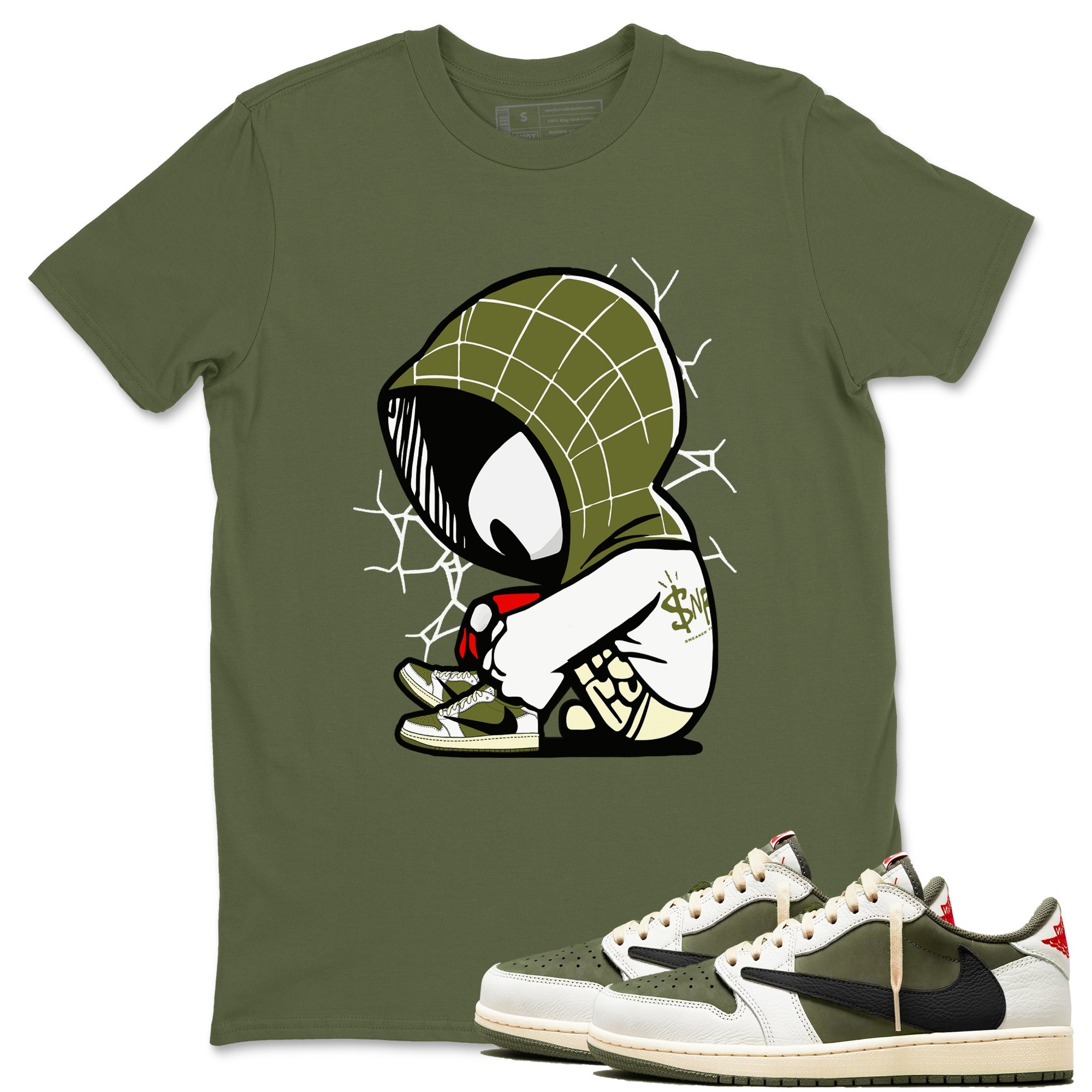 1s Travis Scott Medium Olive shirts to match jordans Baby Spider sneaker match tees Air Jordan 1 Travis Scott Medium Olive Drip Gear Zone streetwear brand Military Green 1 unisex cotton tee