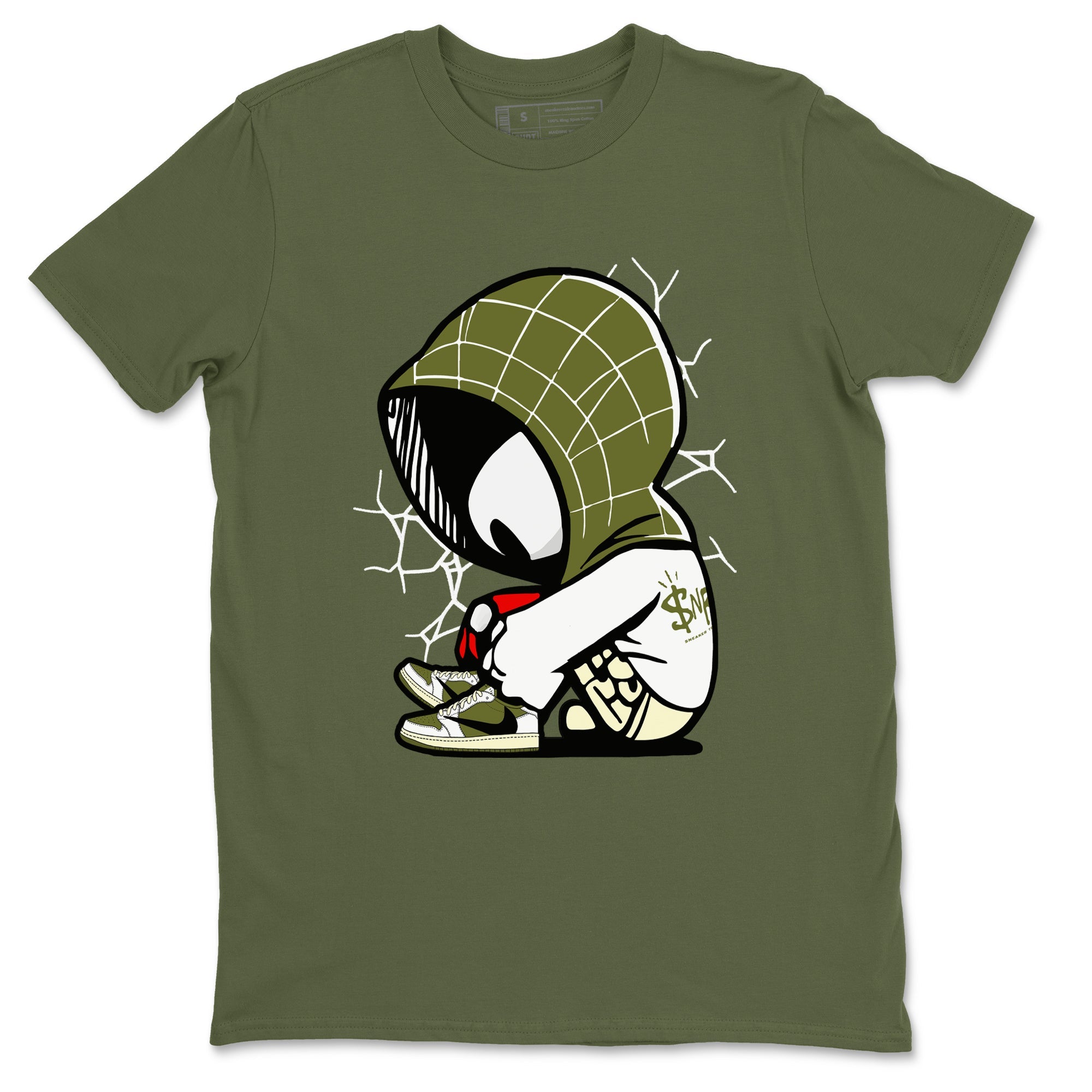 1s Travis Scott Medium Olive shirts to match jordans Baby Spider sneaker match tees Air Jordan 1 Travis Scott Medium Olive Drip Gear Zone streetwear brand Military Green 2 unisex cotton tee