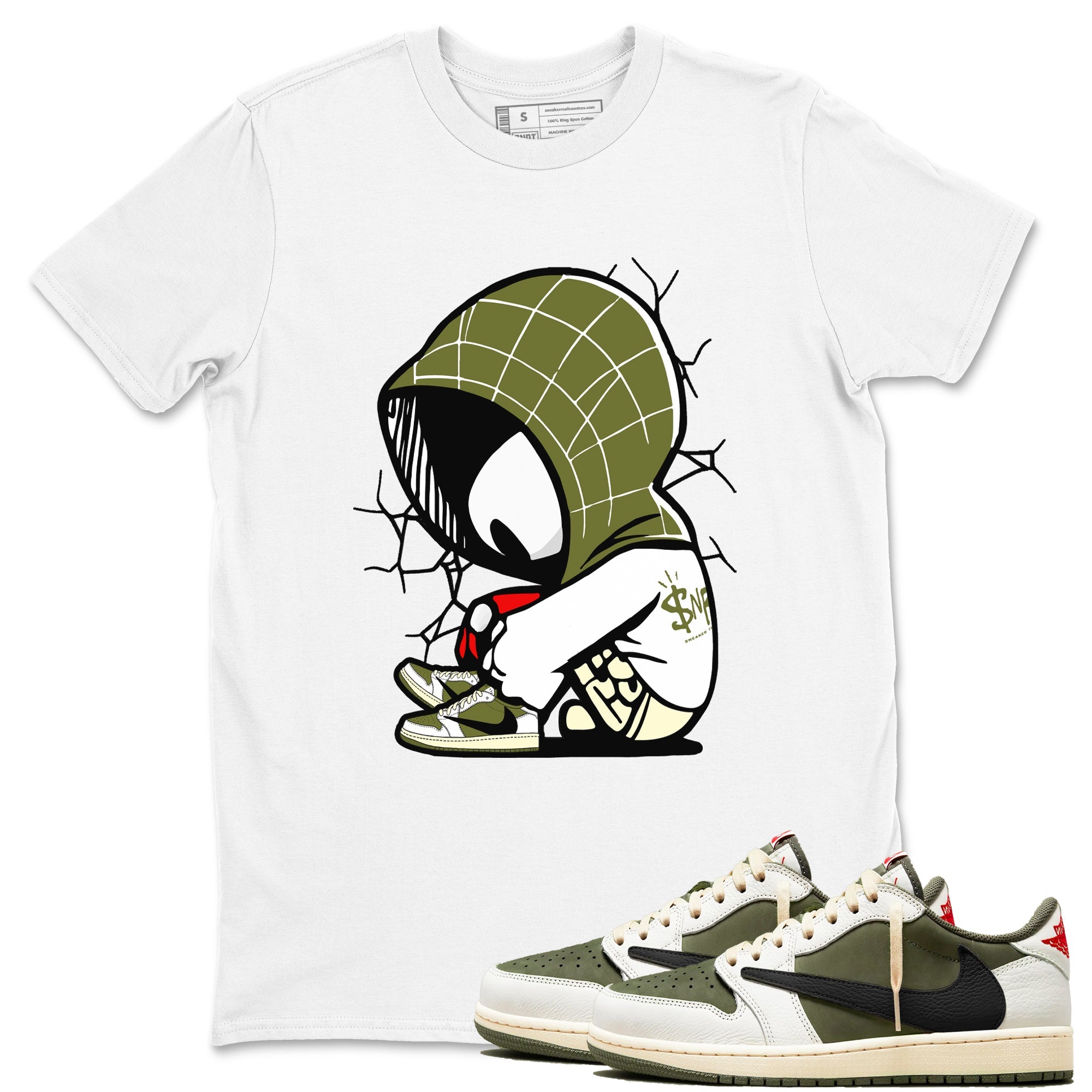 1s Travis Scott Medium Olive shirts to match jordans Baby Spider sneaker match tees Air Jordan 1 Travis Scott Medium Olive Drip Gear Zone streetwear brand White 1 unisex cotton tee