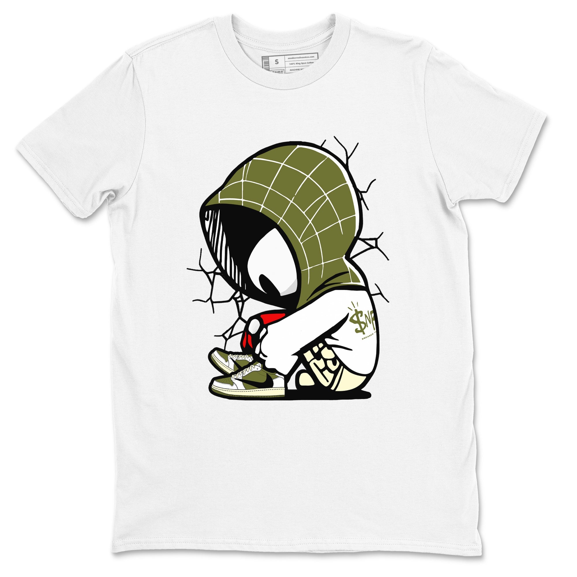 1s Travis Scott Medium Olive shirts to match jordans Baby Spider sneaker match tees Air Jordan 1 Travis Scott Medium Olive Drip Gear Zone streetwear brand White 2 unisex cotton tee