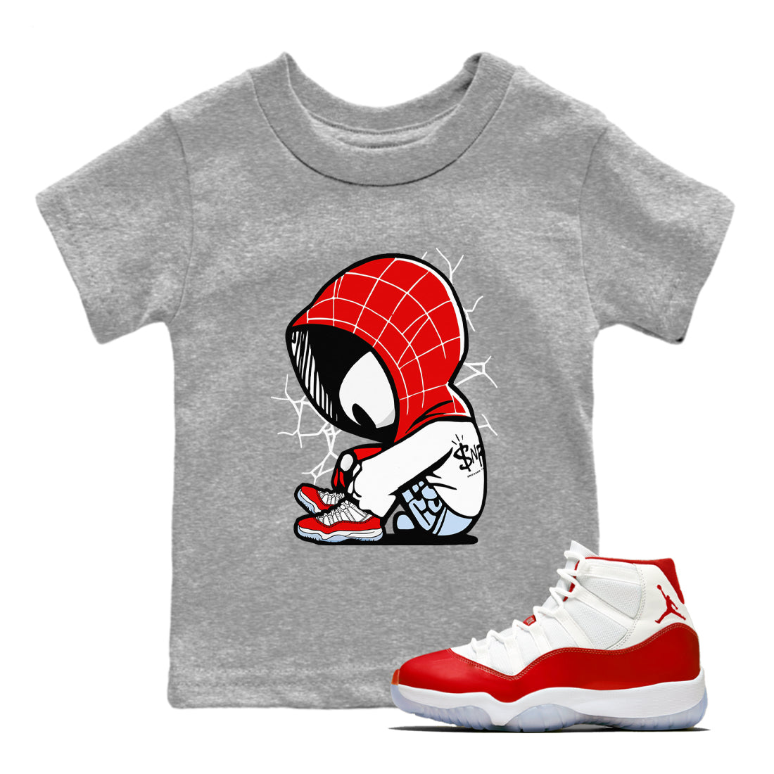 11s Cherry shirts to match jordans Baby Spider sneaker match tees Air Jordan 11 Retro Cherry match shoes to clothes Drip Gear Zone Youth Baby Heather Grey 1 tee