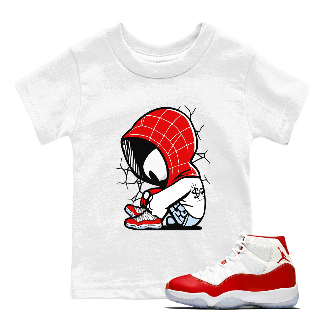 11s Cherry shirts to match jordans Baby Spider sneaker match tees Air Jordan 11 Retro Cherry match shoes to clothes Drip Gear Zone Youth Baby White 1 tee