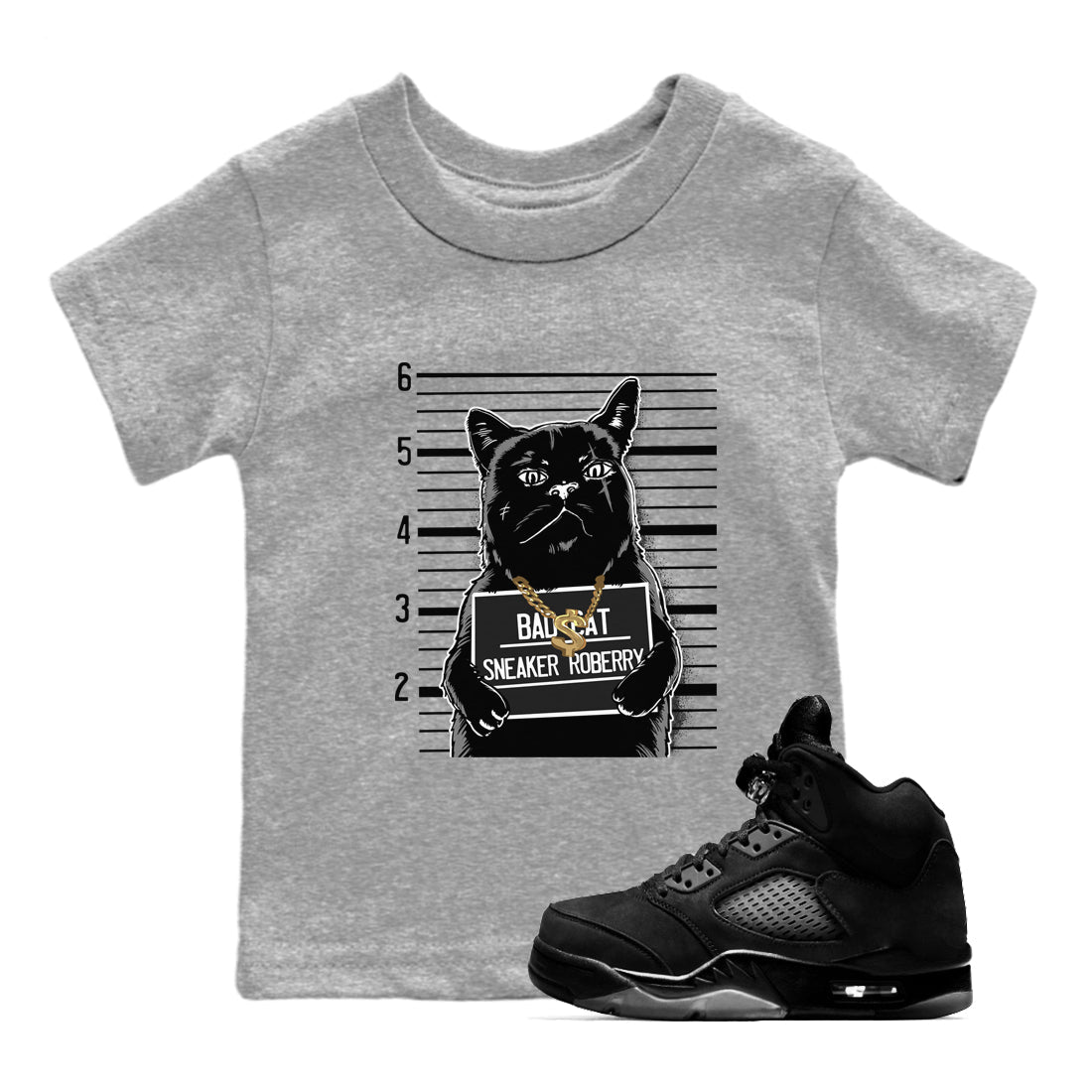 5s Black Cat shirts to match jordans Bad Cat sneaker match tees Air Jordan 5 Black Cat match shoes to clothes Drip Gear Zone Youth Baby Heather Grey 1 tee