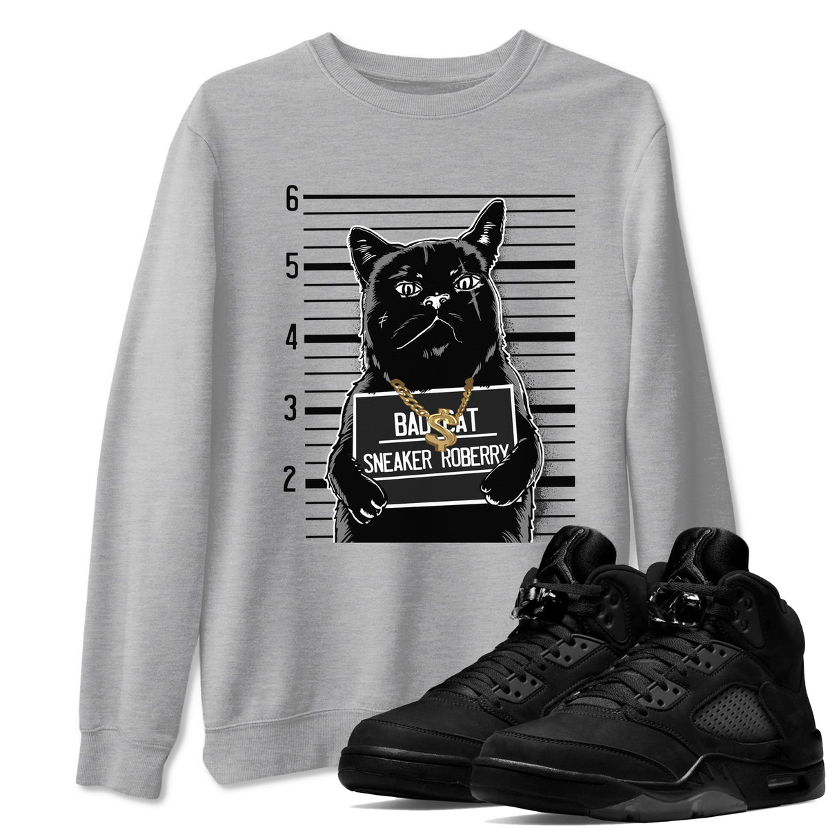 5s Black Cat shirts to match jordans Bad Cat sneaker match tees Air Jordan 5 Black Cat match shoes to clothes Drip Gear Zone unisex cotton Heather Grey 1 shirts