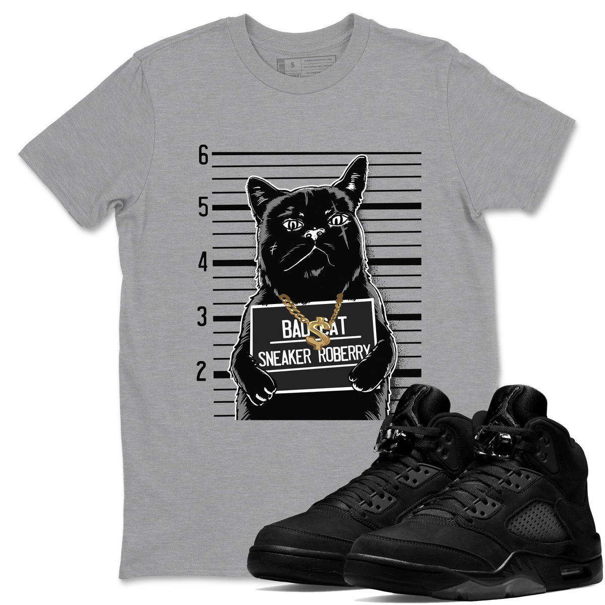 5s Black Cat shirts to match jordans Bad Cat sneaker match tees Air Jordan 5 Black Cat match shoes to clothes Drip Gear Zone unisex cotton Heather Grey 1 shirts