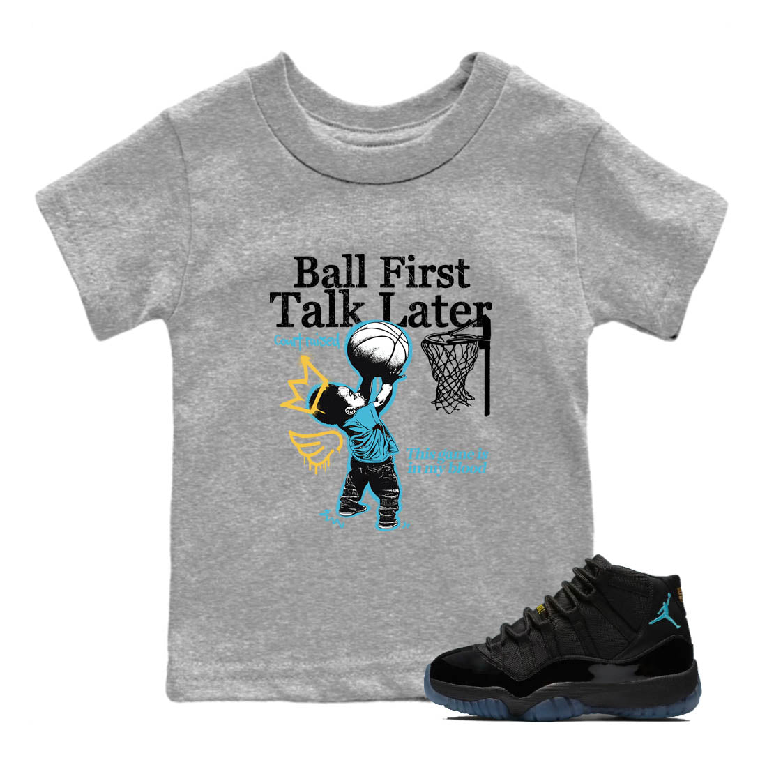 Sneaker Threads  Sneaker Tees To Match Air Jordan 11 Retro Gamma  Ball First Talk Later Youth Graphic Tee Heather Grey 1. Perfect for Jordan releases 2025 colorways.