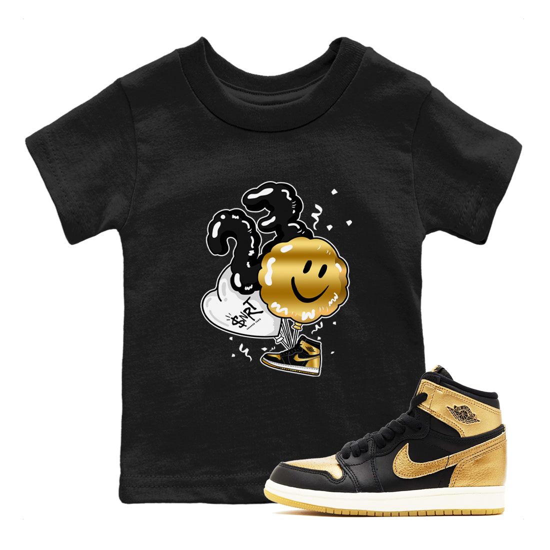 Air Jordan 1 High OG Black Metallic Gold shirts to match jordans Balloon sneaker match tees Air Jordan 1 Retrp Black Metallic Gold Sneaker Shirts Drip Gear Zone streetwear brand Baby and Youth Black 1 cotton tee