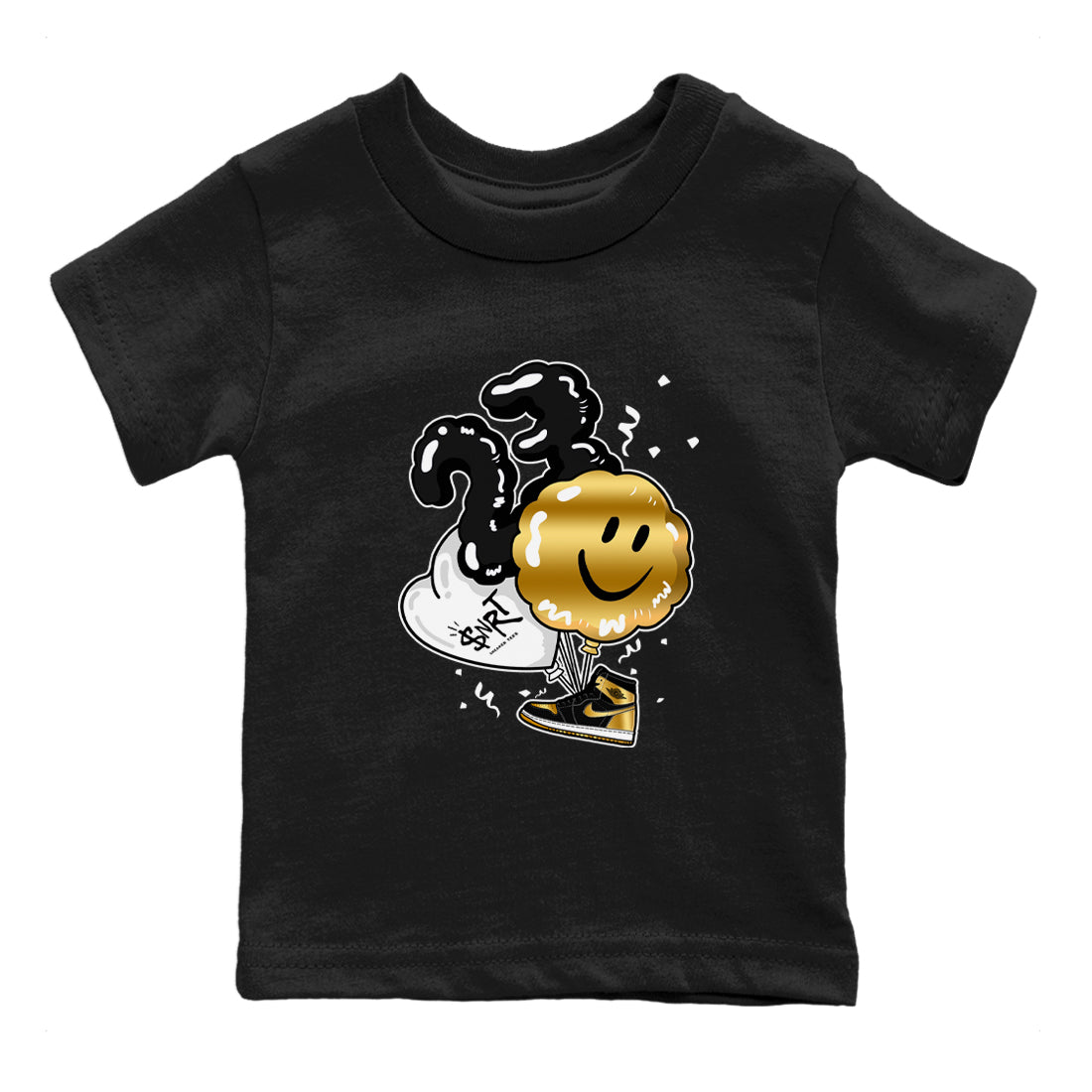Air Jordan 1 High OG Black Metallic Gold shirts to match jordans Balloon sneaker match tees Air Jordan 1 Retrp Black Metallic Gold Sneaker Shirts Drip Gear Zone streetwear brand Baby and Youth Black 2 cotton tee