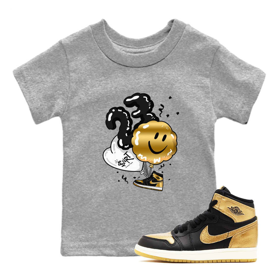 Air Jordan 1 High OG Black Metallic Gold shirts to match jordans Balloon sneaker match tees Air Jordan 1 Retrp Black Metallic Gold Sneaker Shirts Drip Gear Zone streetwear brand Baby and Youth Heather Grey 1 cotton tee