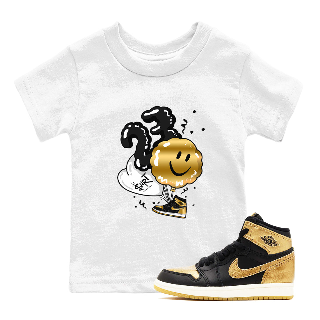 Air Jordan 1 High OG Black Metallic Gold shirts to match jordans Balloon sneaker match tees Air Jordan 1 Retrp Black Metallic Gold Sneaker Shirts Drip Gear Zone streetwear brand Baby and Youth White 1 cotton tee