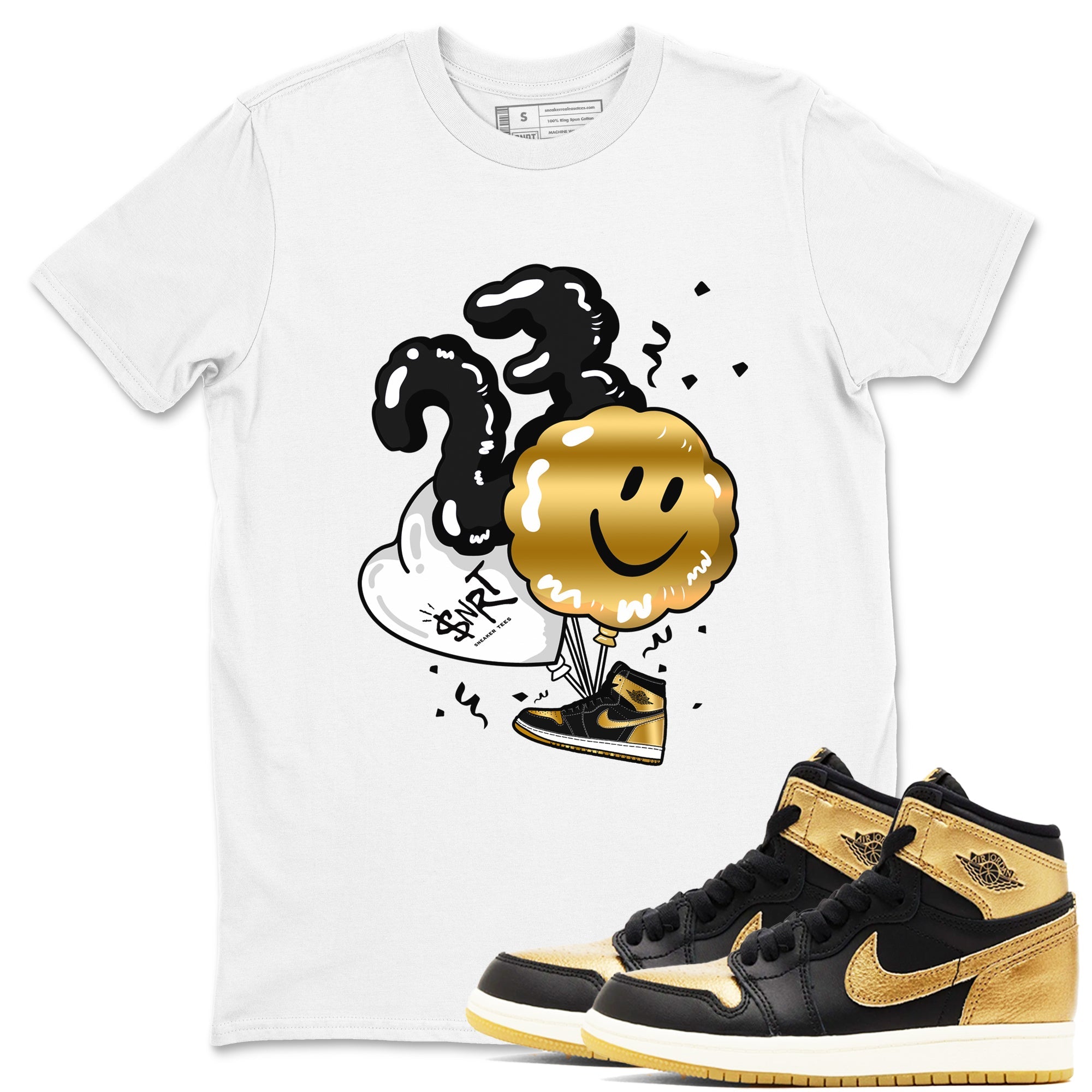 Air Jordan 1 High OG Black Metallic Gold shirts to match jordans Balloon sneaker match tees Air Jordan 1 Retrp Black Metallic Gold Sneaker Shirts Drip Gear Zone streetwear brand White 1 unisex cotton tee