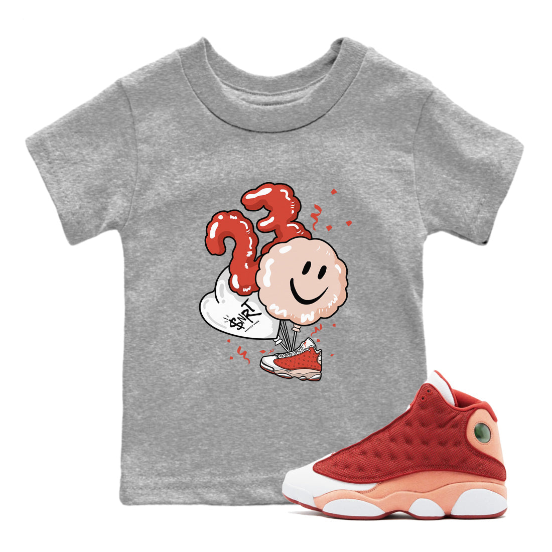 Air Jordan 13 Dune Red shirts to match jordans Balloon sneaker match tees AJ13 Dune Red Sneaker Shirts Drip Gear Zone streetwear brand Baby and Youth Heather Grey 1 cotton tee
