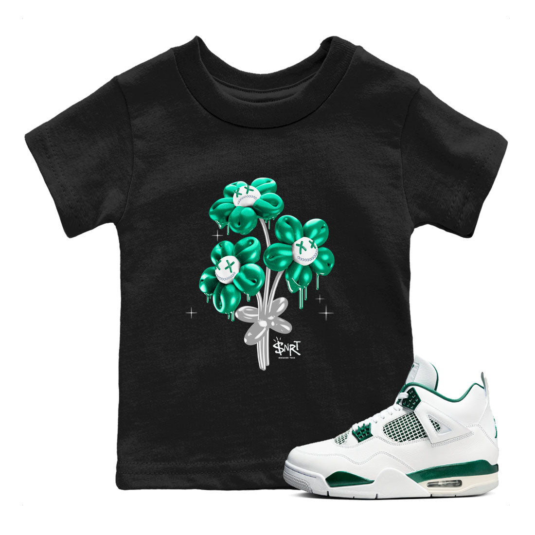 4s Oxidized Green shirts to match jordans Balloon Bouquet sneaker match tees Air Jordan 4 Oxidized Green Drip Gear Zone streetwear brand Baby and Youth Black 1 cotton tee