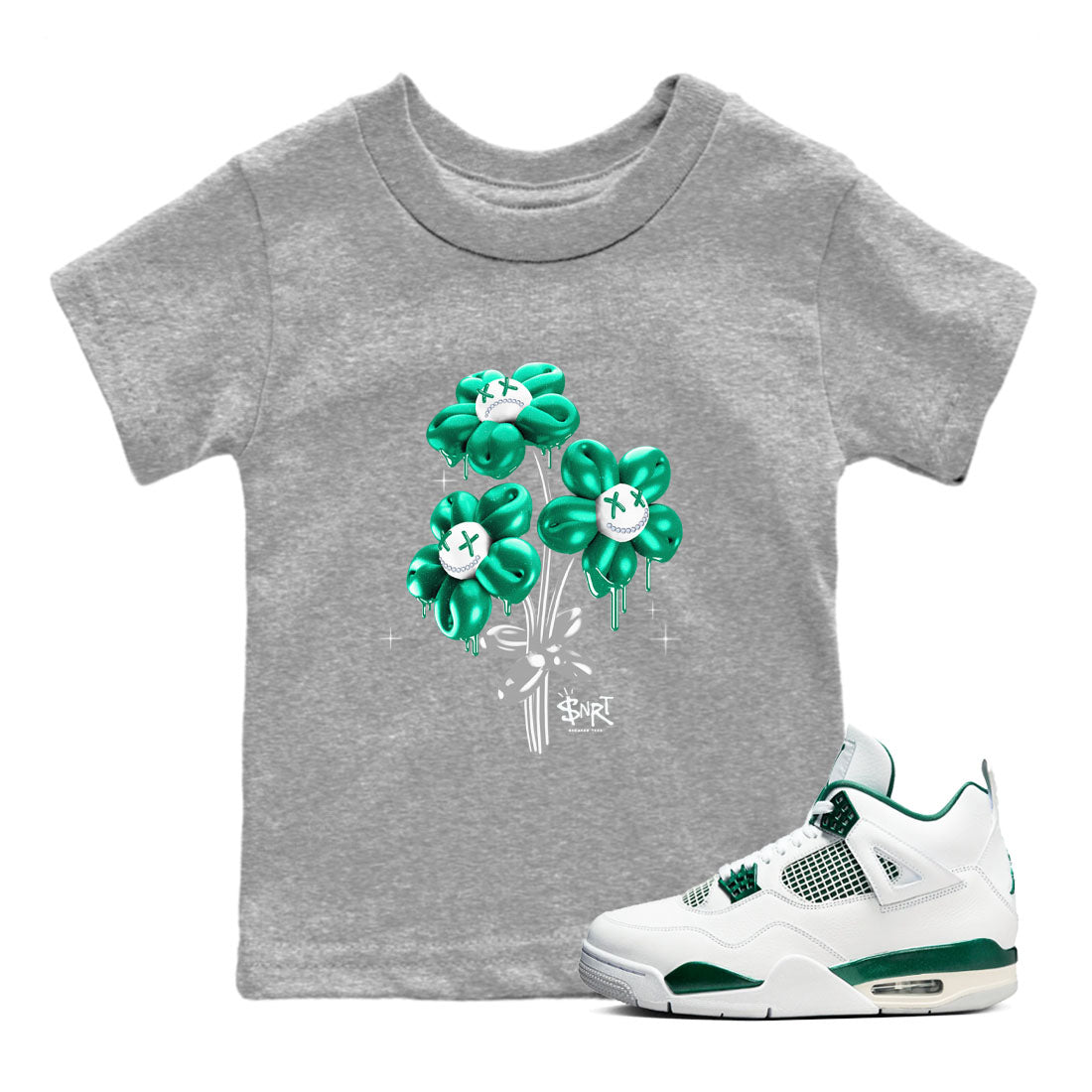 4s Oxidized Green shirts to match jordans Balloon Bouquet sneaker match tees Air Jordan 4 Oxidized Green Drip Gear Zone streetwear brand Baby and Youth Heather Grey 1 cotton tee