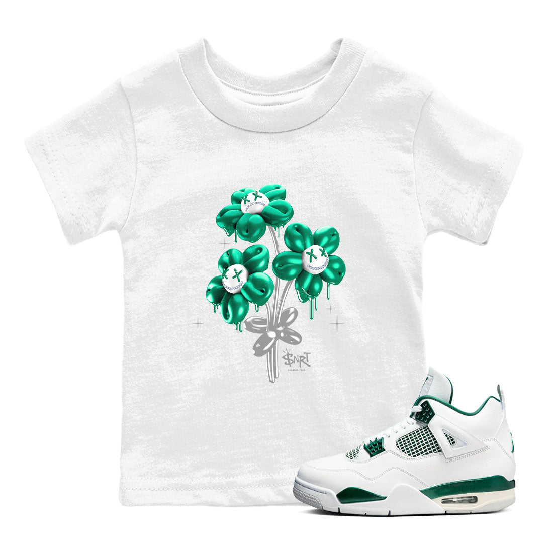 4s Oxidized Green shirts to match jordans Balloon Bouquet sneaker match tees Air Jordan 4 Oxidized Green Drip Gear Zone streetwear brand Baby and Youth White 1 cotton tee