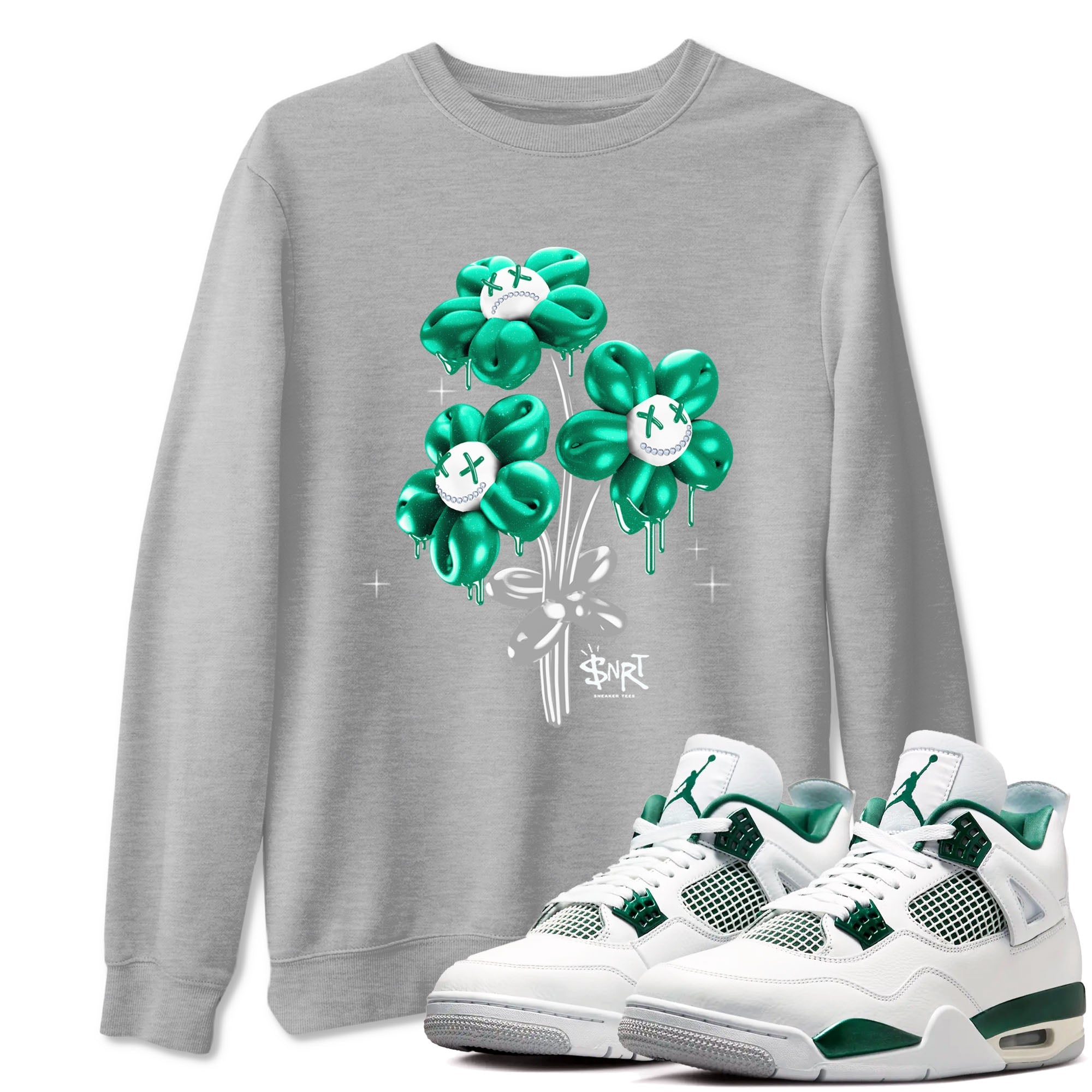4s Oxidized Green shirts to match jordans Balloon Bouquet sneaker match tees Air Jordan 4 Oxidized Green Drip Gear Zone streetwear brand Heather Grey 1 unisex cotton tee