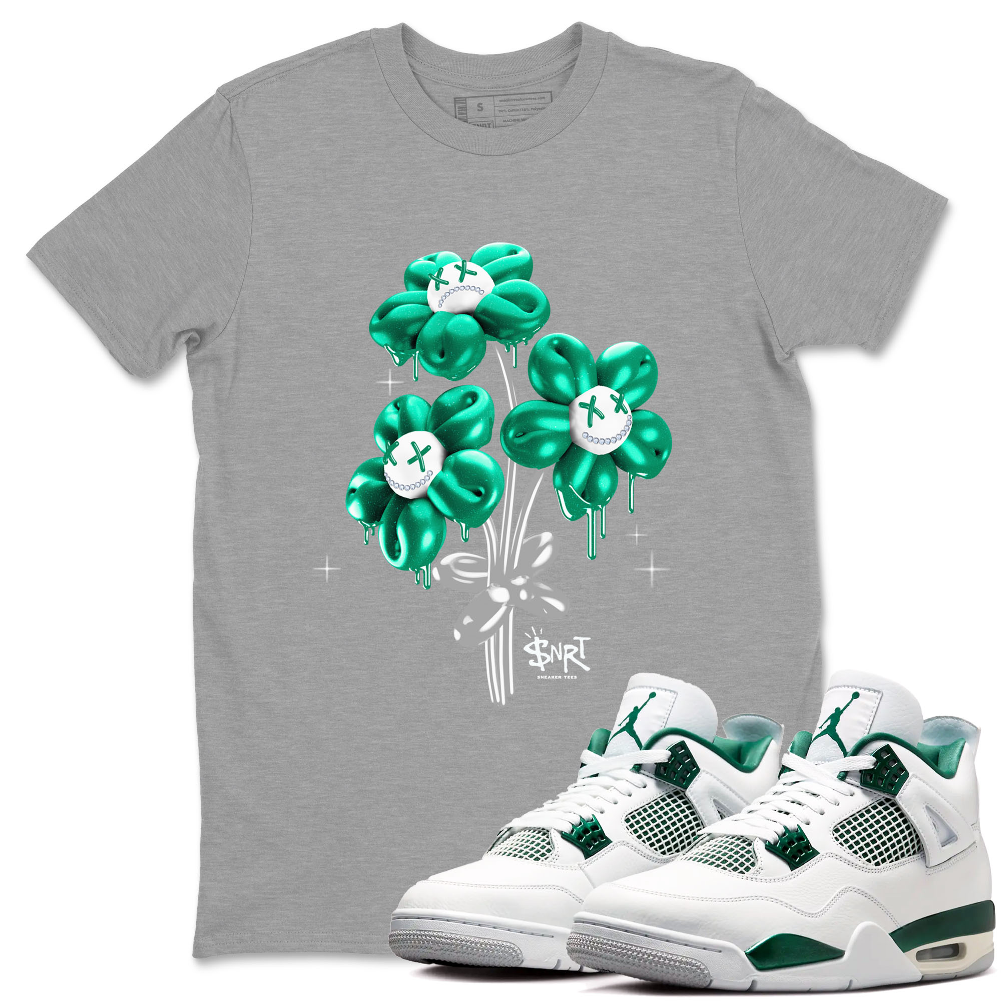 4s Oxidized Green shirts to match jordans Balloon Bouquet sneaker match tees Air Jordan 4 Oxidized Green Drip Gear Zone streetwear brand Heather Grey 1 unisex cotton tee