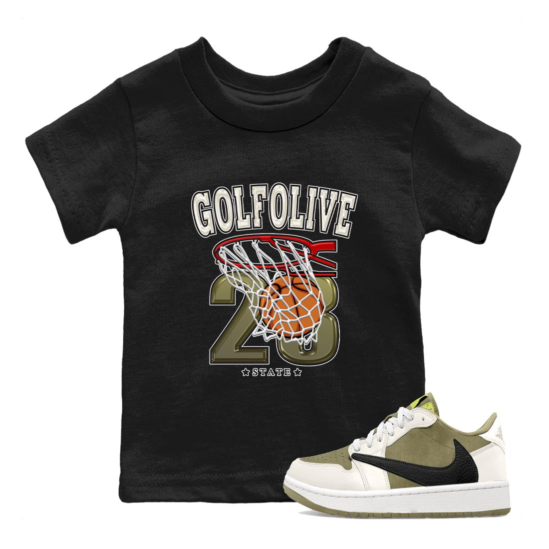 Jordan 1 Low X Travis Scott Golf Olive shirt to match jordans Basketball sneaker release tees Air Jordan 1 Travis Scott Golf Olive Drip Gear Zone Baby Toddler Black 1 T-Shirt