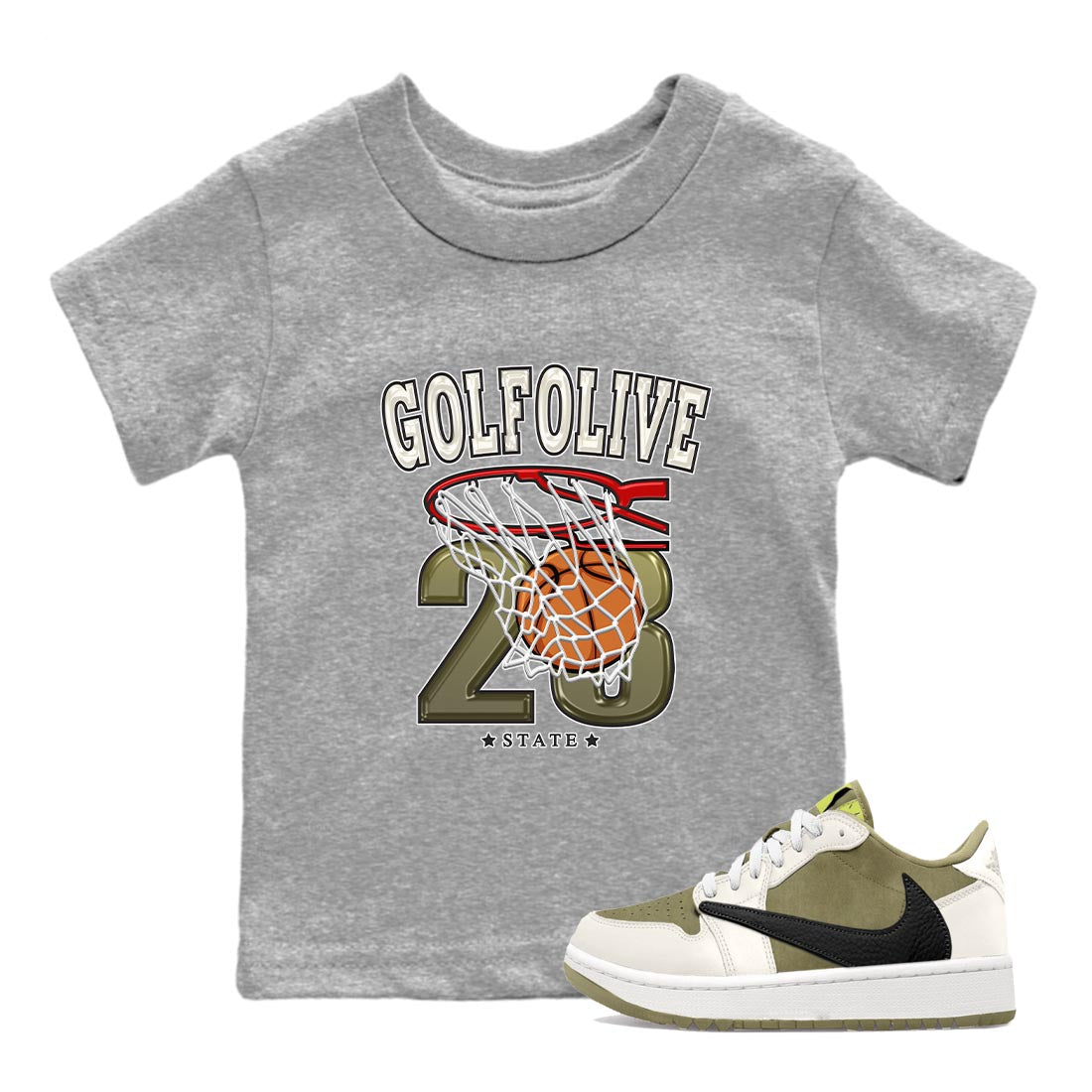 Jordan 1 Low X Travis Scott Golf Olive shirt to match jordans Basketball sneaker release tees Air Jordan 1 Travis Scott Golf Olive Drip Gear Zone Baby Toddler Heather Grey 1 T-Shirt