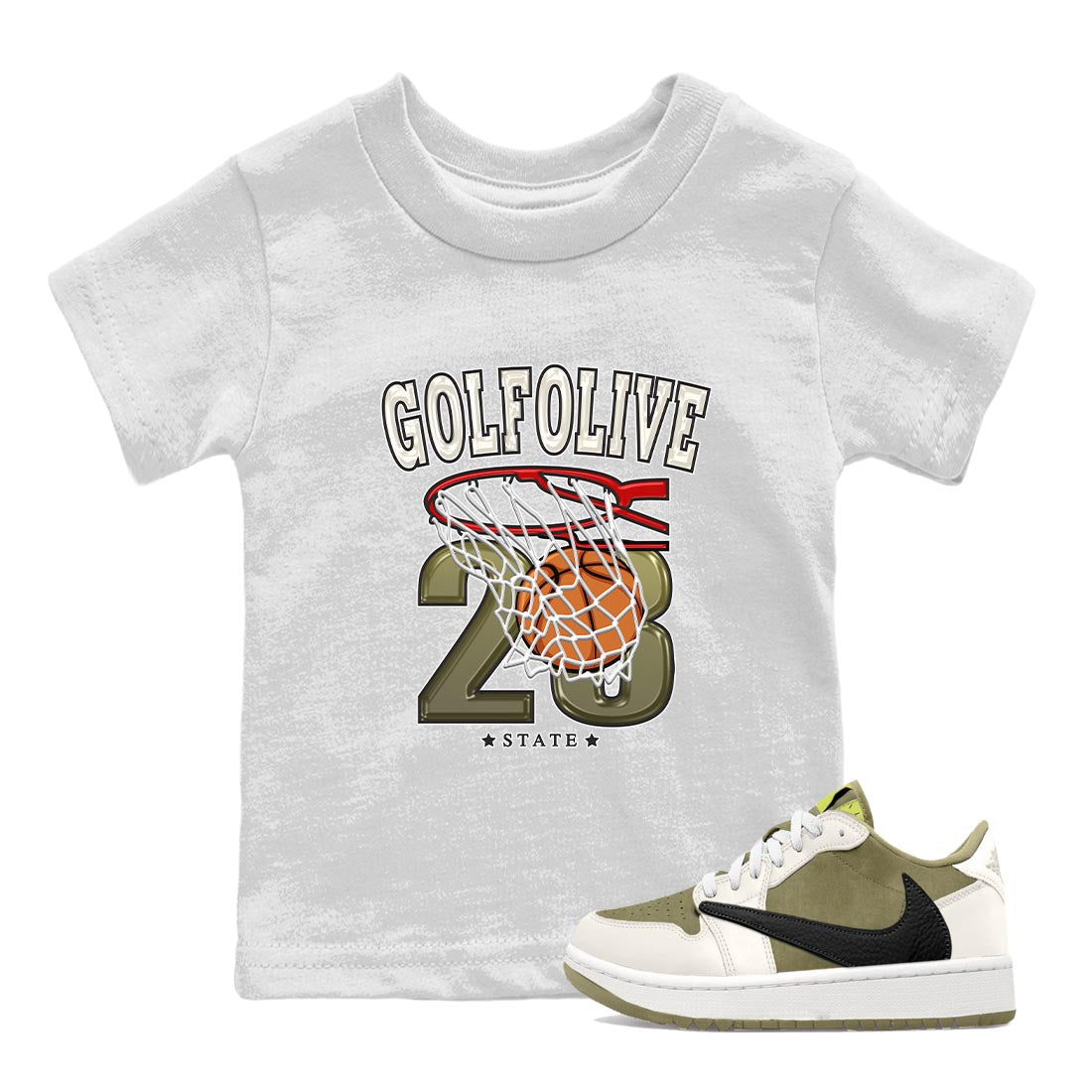 Jordan 1 Low X Travis Scott Golf Olive shirt to match jordans Basketball sneaker release tees Air Jordan 1 Travis Scott Golf Olive Drip Gear Zone Baby Toddler White 1 T-Shirt