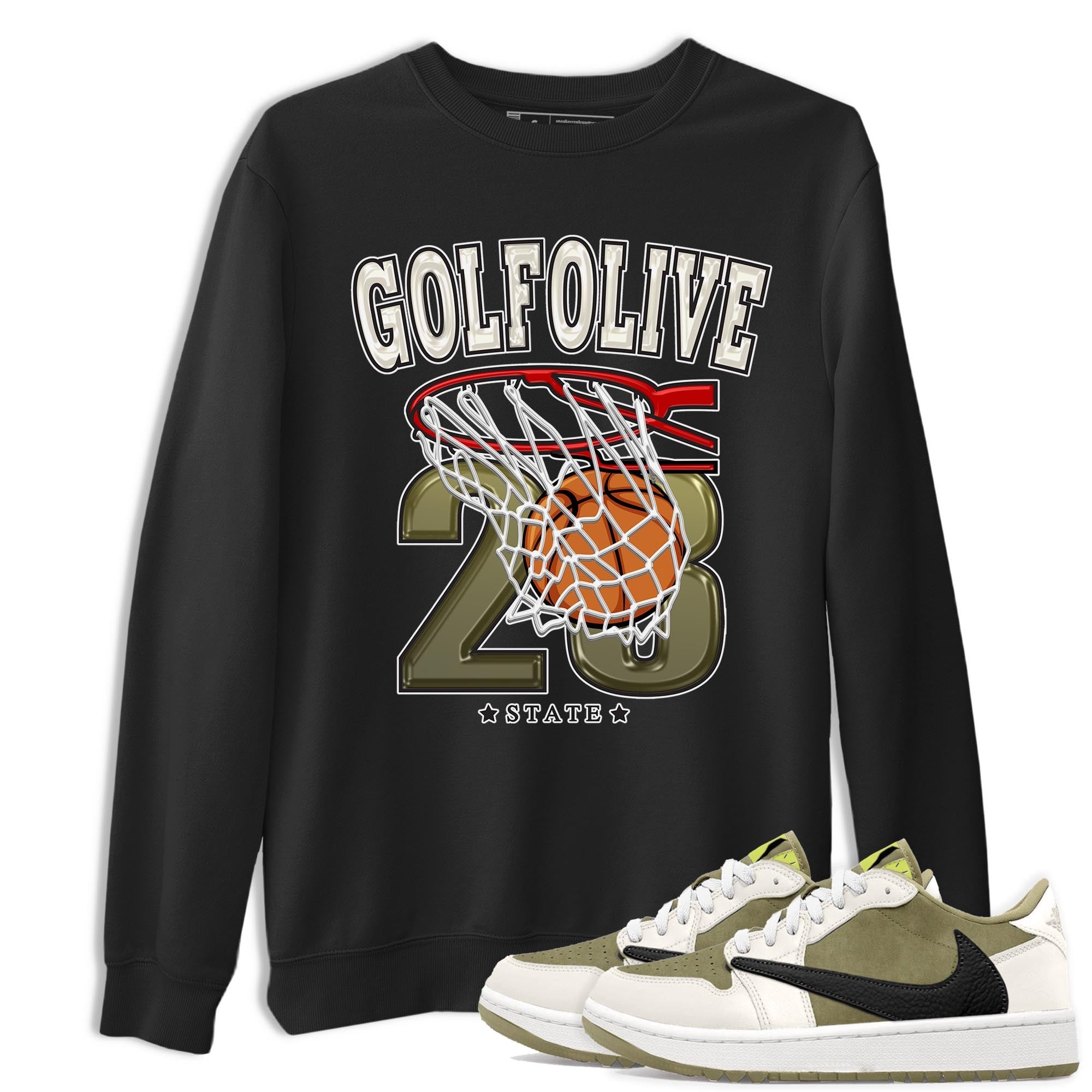 Jordan 1 Low X Travis Scott Golf Olive shirt to match jordans Basketball sneaker release tees Air Jordan 1 Travis Scott Golf Olive Drip Gear Zone Unisex Streetwear Clothing Black 1 T-Shirt