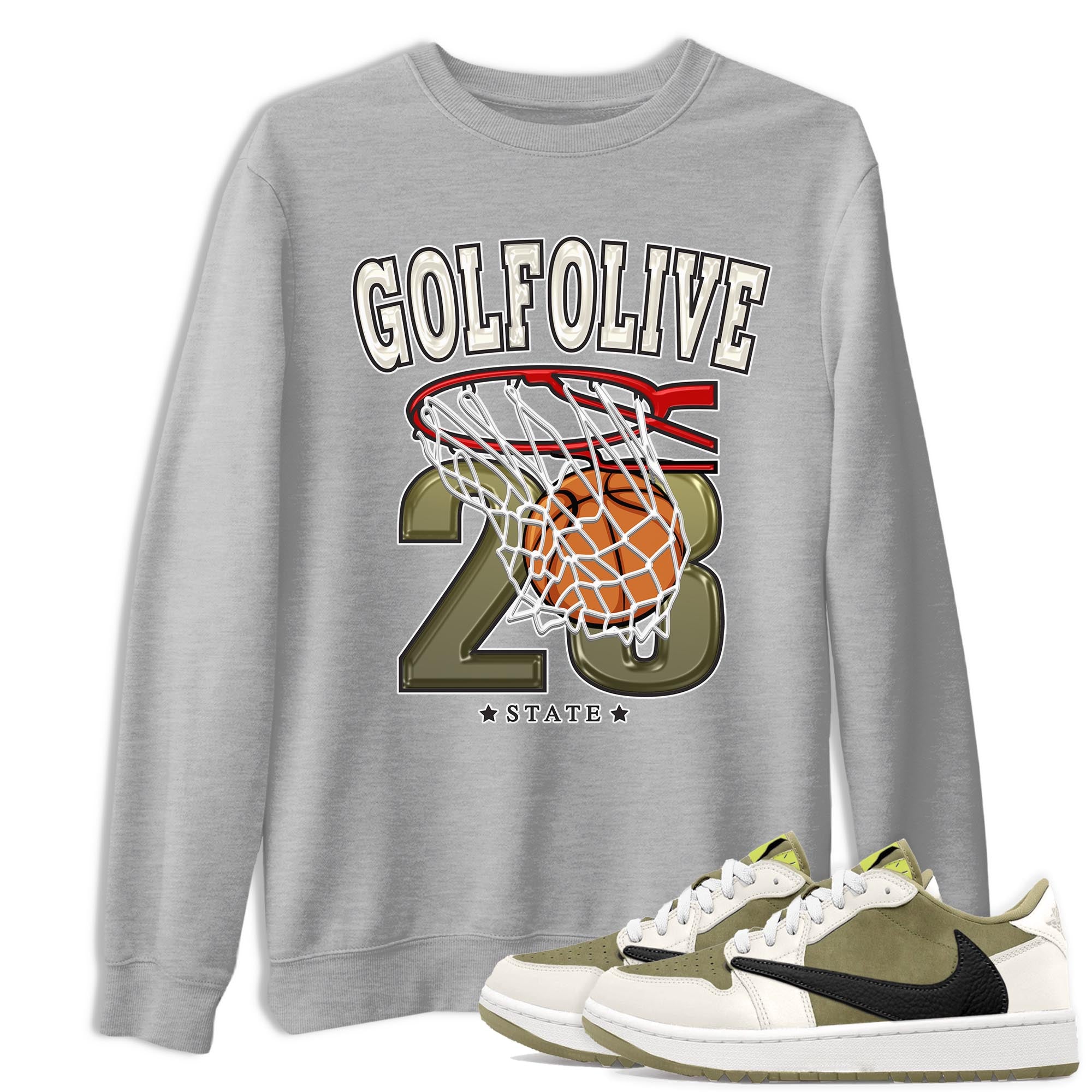 Jordan 1 Low X Travis Scott Golf Olive shirt to match jordans Basketball sneaker release tees Air Jordan 1 Travis Scott Golf Olive Drip Gear Zone Unisex Streetwear Clothing Heather Grey 1 T-Shirt