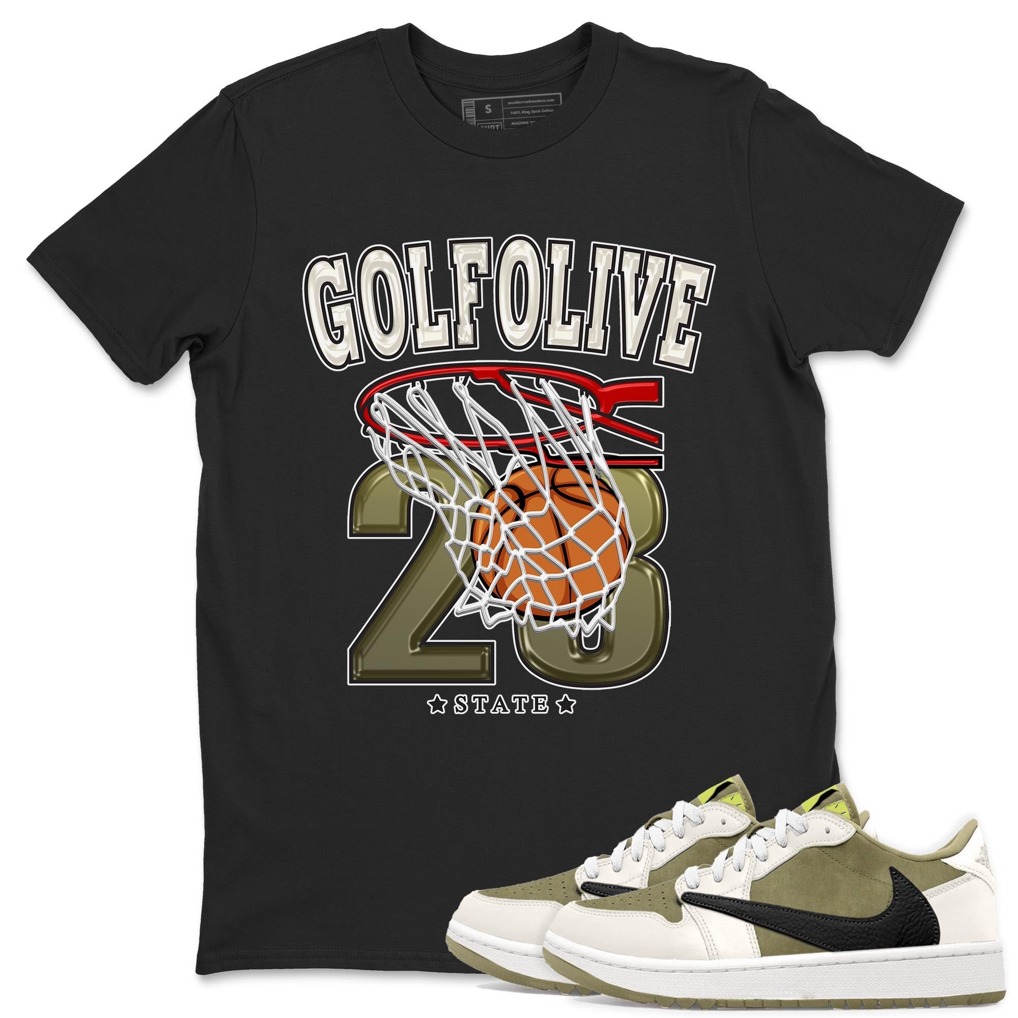 Jordan 1 Low X Travis Scott Golf Olive shirt to match jordans Basketball sneaker release tees Air Jordan 1 Travis Scott Golf Olive Drip Gear Zone Unisex Streetwear Clothing Black 1 T-Shirt