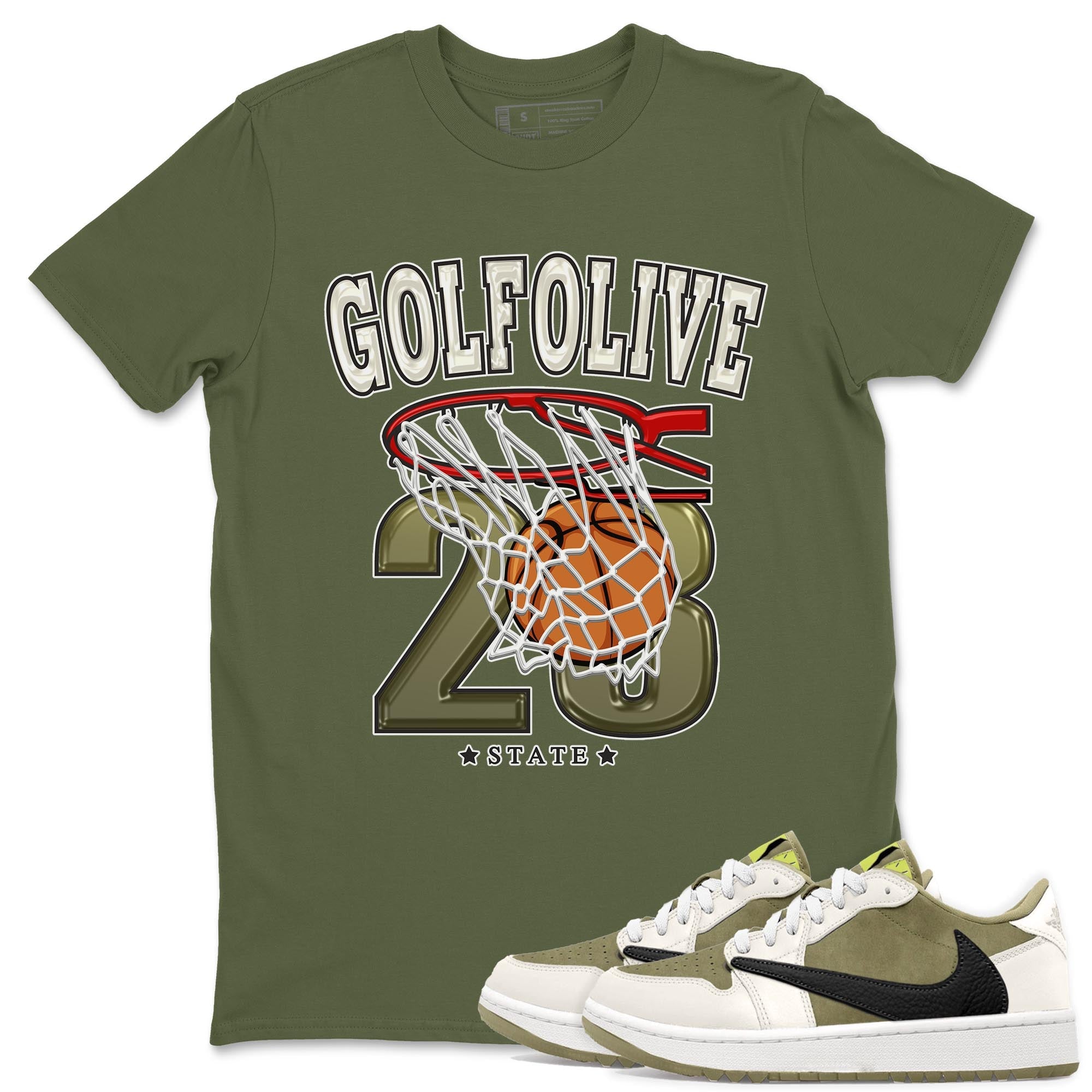 Jordan 1 Low X Travis Scott Golf Olive shirt to match jordans Basketball sneaker release tees Air Jordan 1 Travis Scott Golf Olive Drip Gear Zone Unisex Streetwear Clothing Military Green 1 T-Shirt
