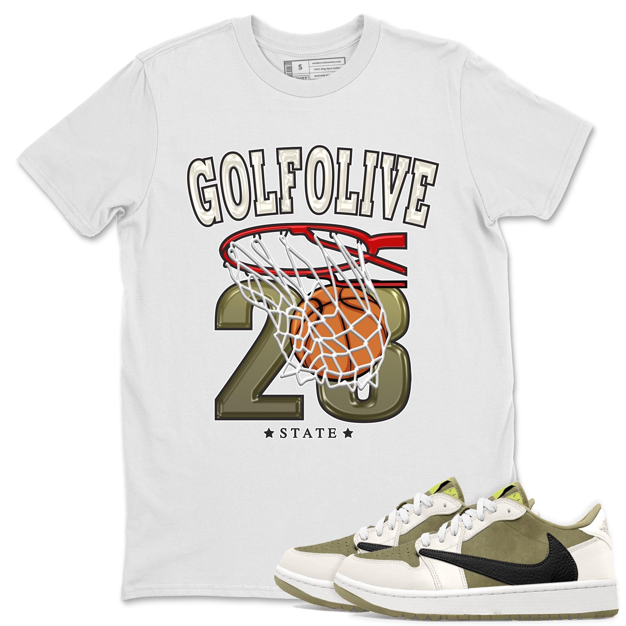 Jordan 1 Low X Travis Scott Golf Olive shirt to match jordans Basketball sneaker release tees Air Jordan 1 Travis Scott Golf Olive Drip Gear Zone Unisex Streetwear Clothing White 1 T-Shirt