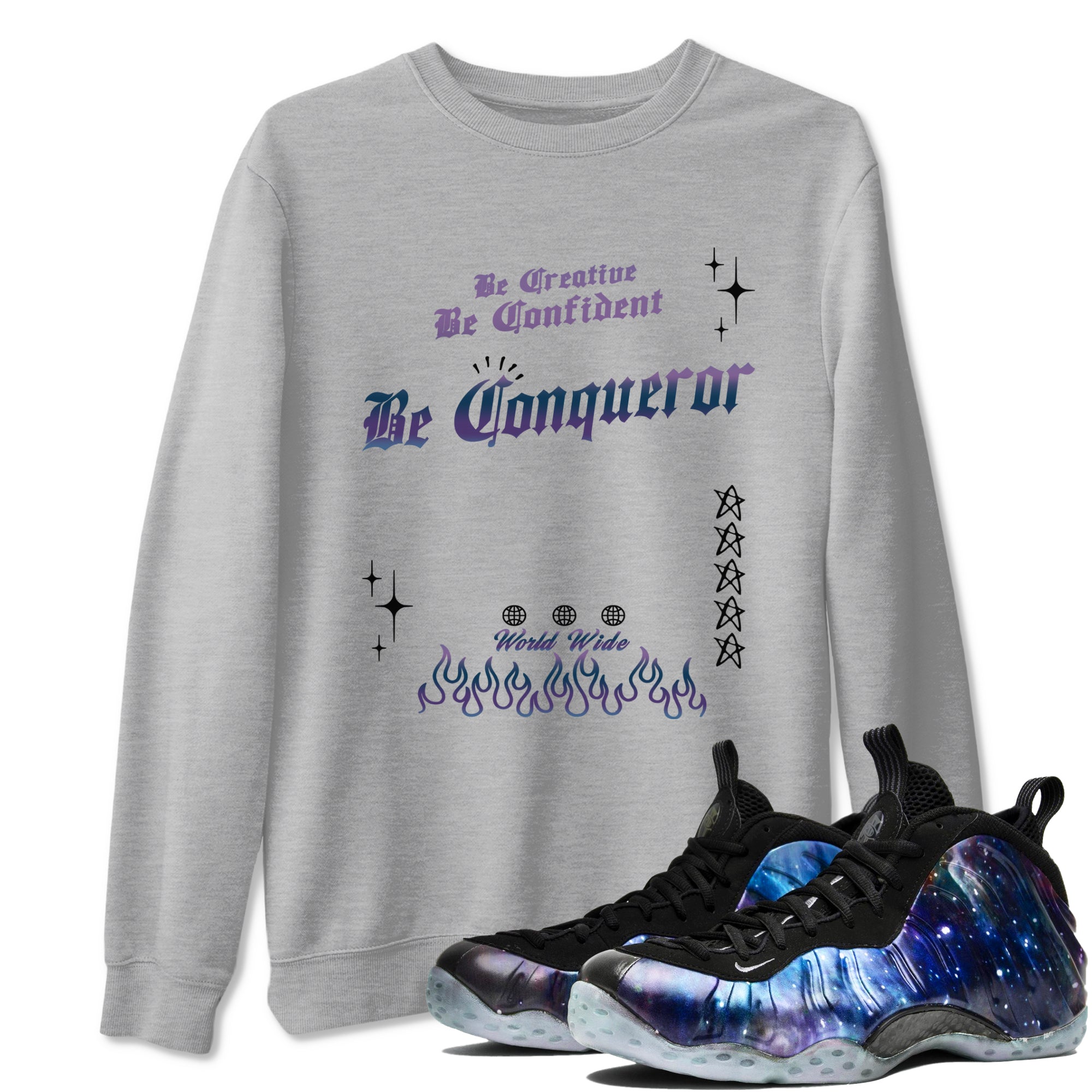 Foams One Galaxy shirts to match jordans Be Conqueror sneaker match tees Air Foamposite One Galaxy match shoes to clothes Drip Gear Zone unisex cotton Heather Grey 1 shirts